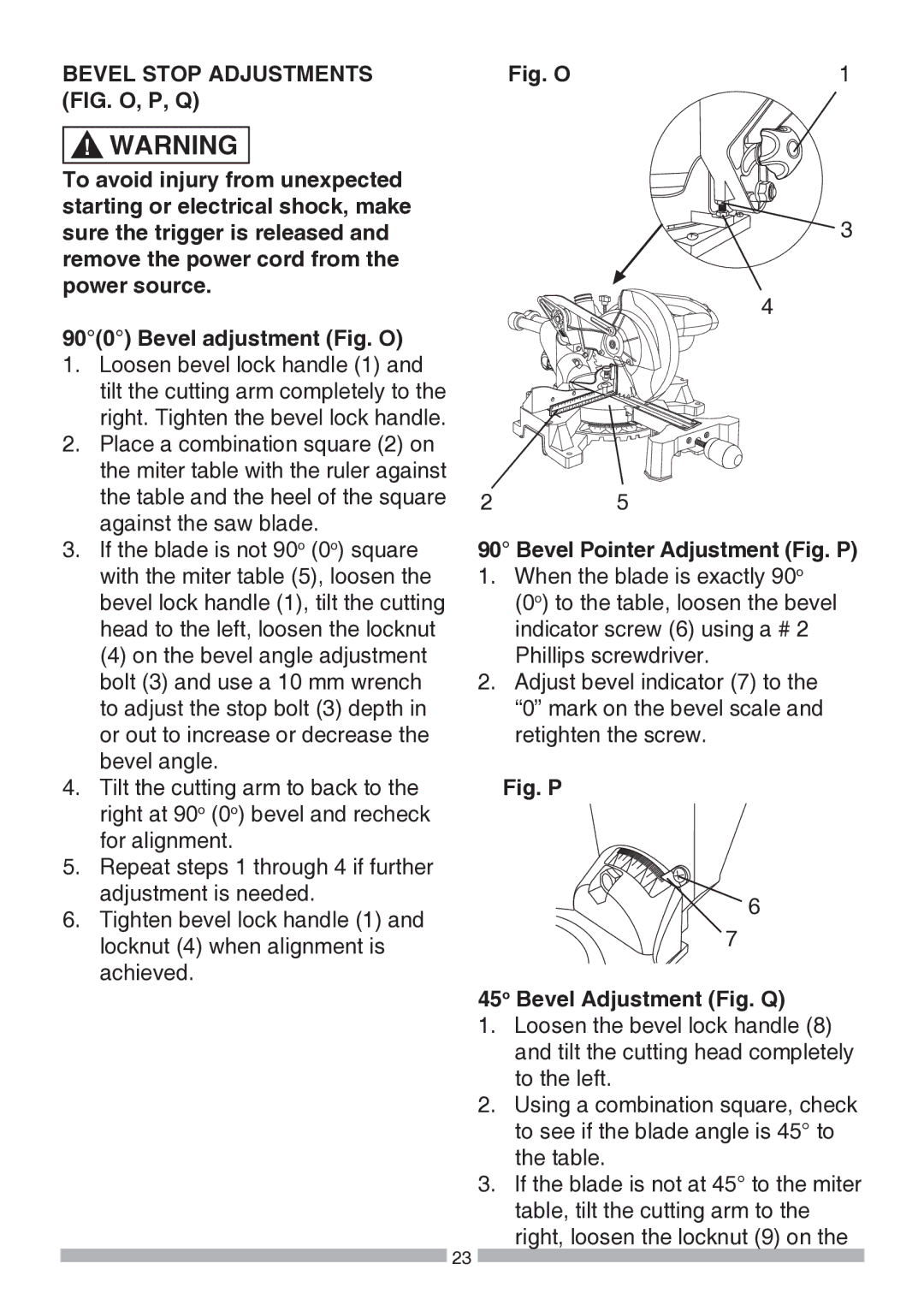 Craftsman 137.21194 operating instructions Bevel Stop Adjustments FIG. O, P, Q, Fig. O Bevel Pointer Adjustment Fig. P 