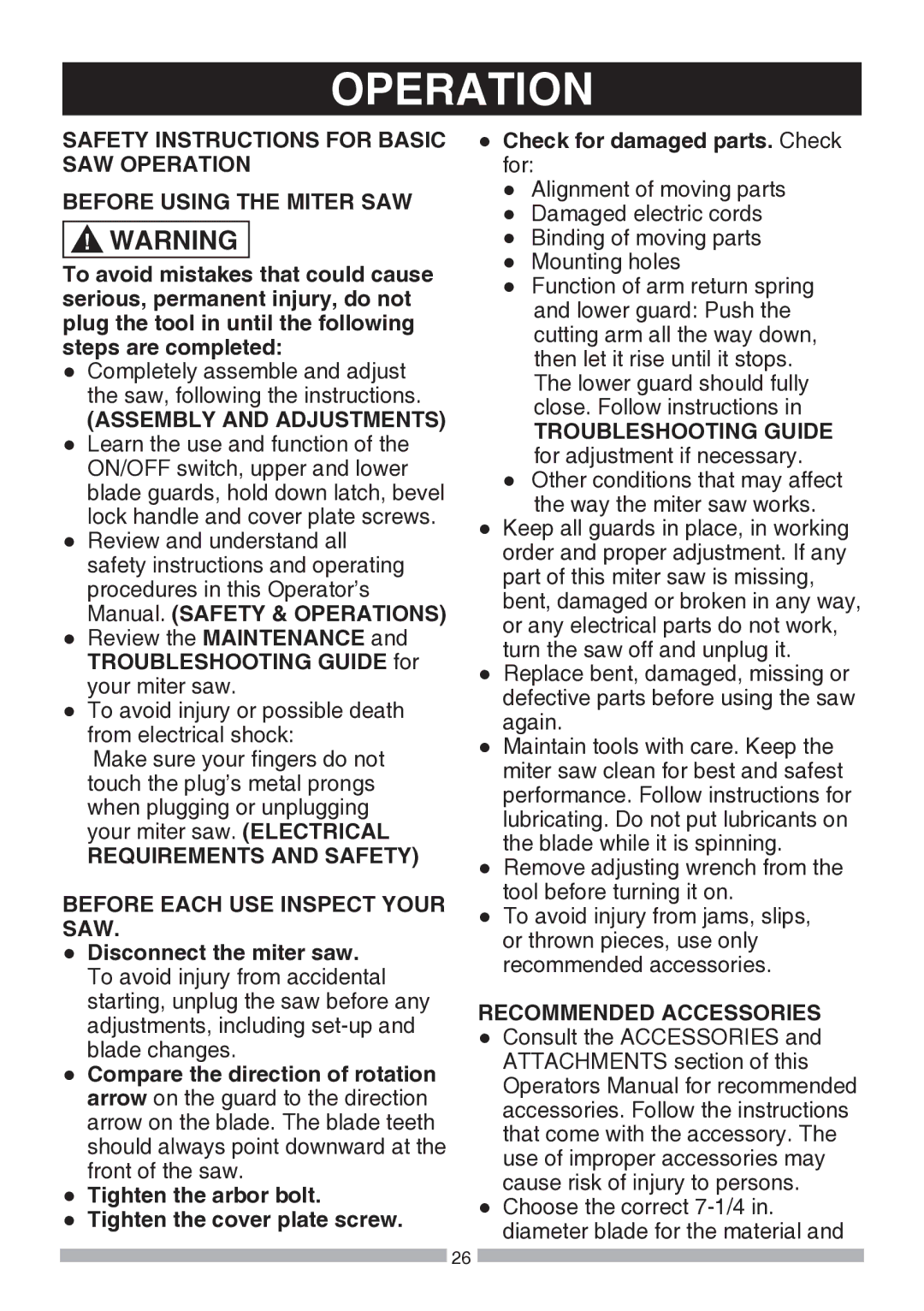 Craftsman 137.21194 Operation, Assembly and Adjustments, Requirements and Safety Before Each USE Inspect Your SAW 