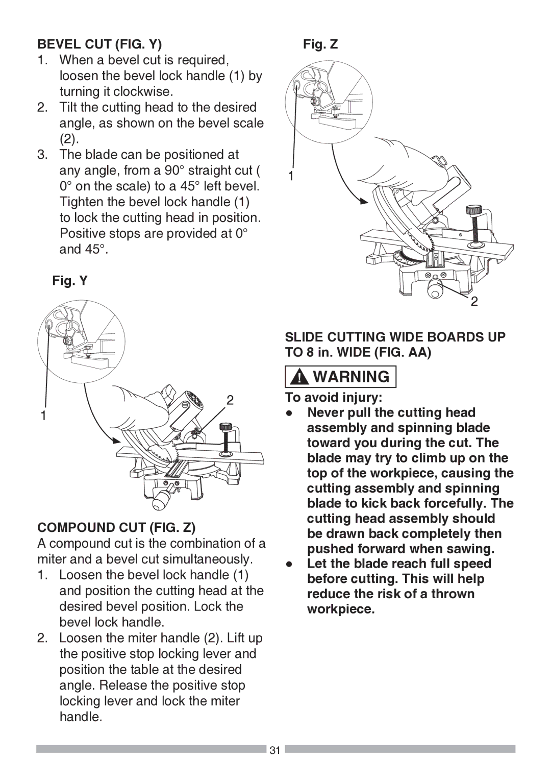 Craftsman 137.21194 operating instructions Bevel CUT FIG. Y, Compound CUT FIG. Z 