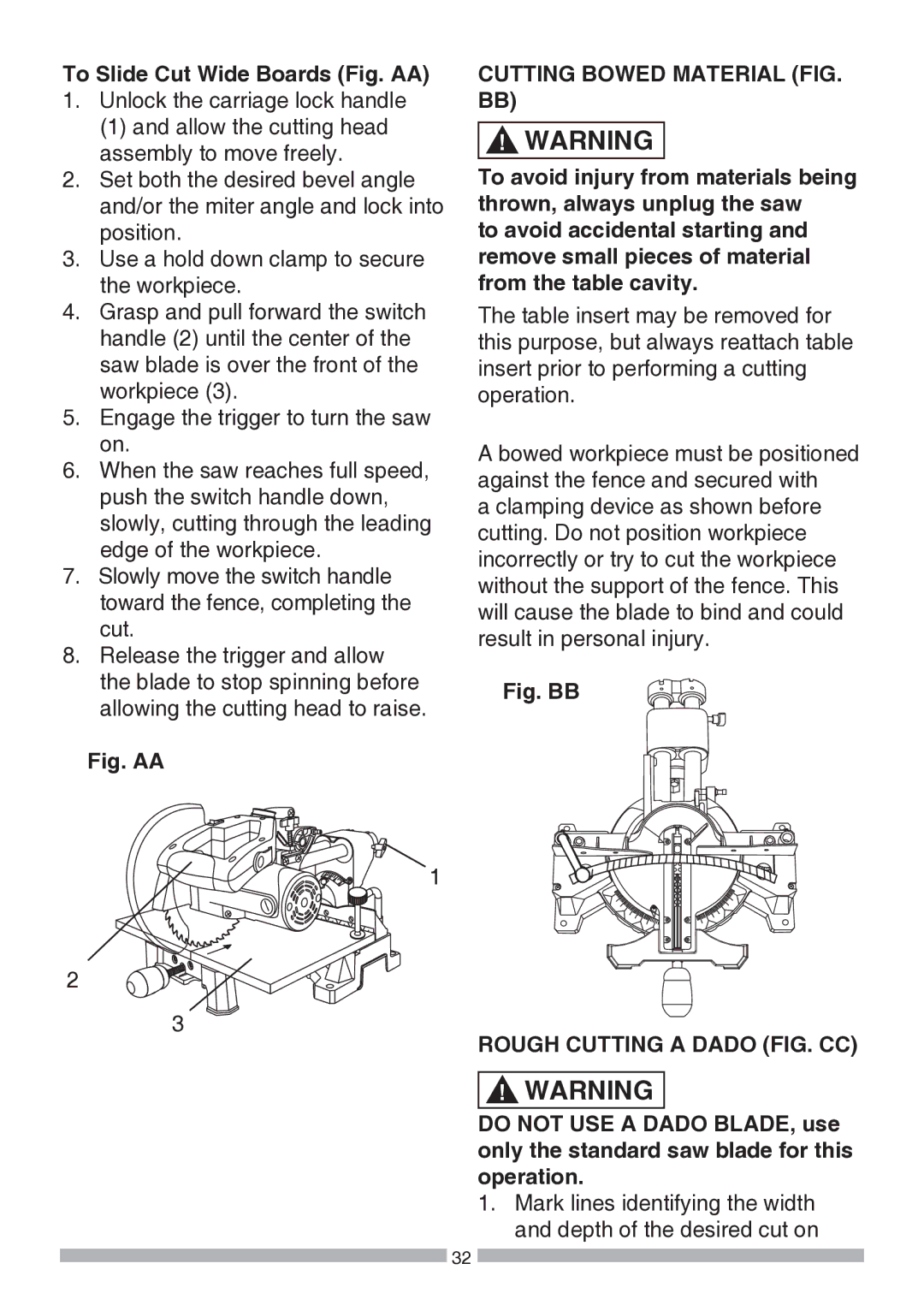 Craftsman 137.21194 To Slide Cut Wide Boards Fig. AA, Cutting Bowed Material FIG. BB, Rough Cutting a Dado FIG. CC 