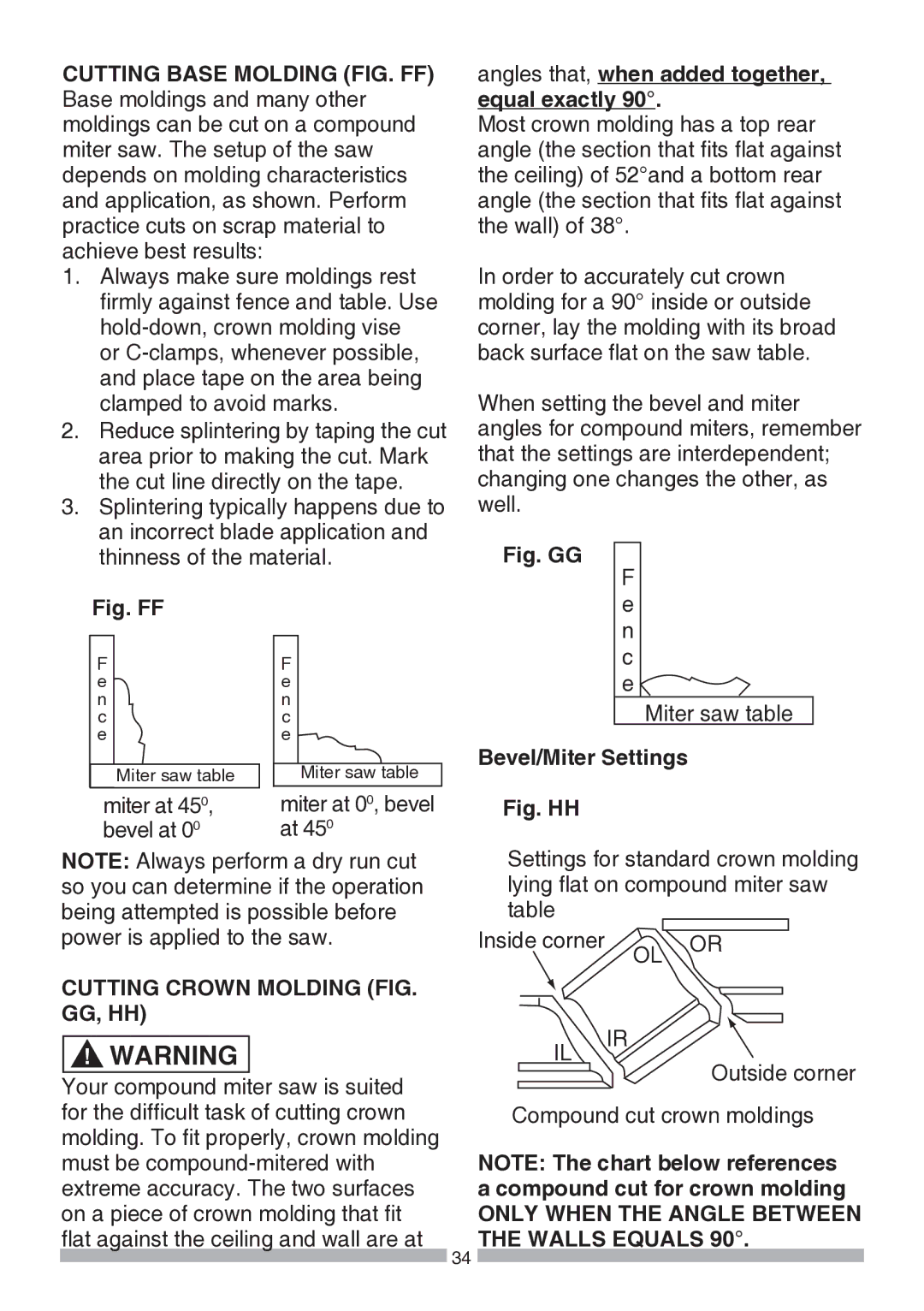 Craftsman 137.21194 Bevel/Miter Settings, Cutting Crown Molding FIG. GG, HH, Only When the Angle Between the Walls Equals 