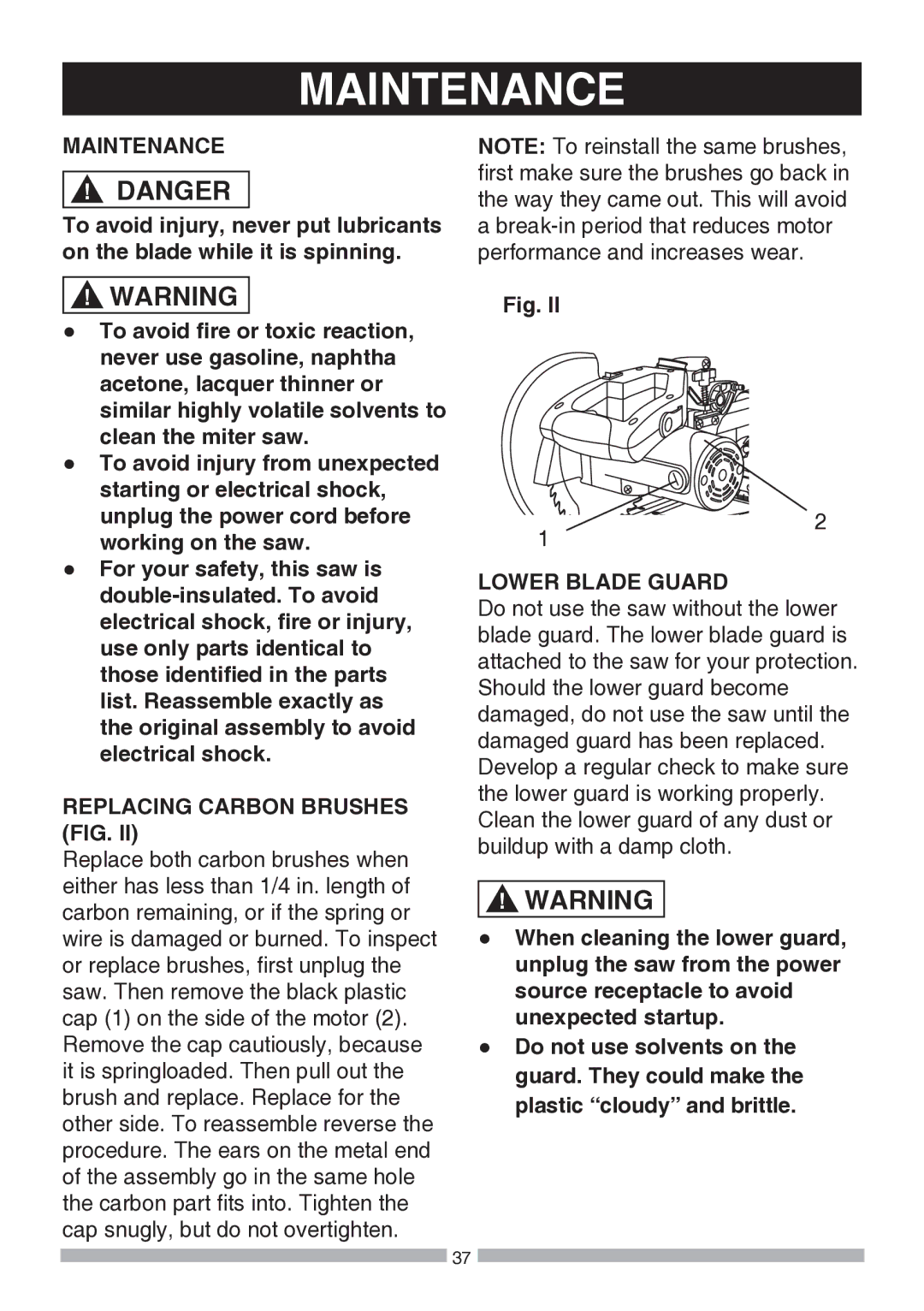 Craftsman 137.21194 operating instructions Maintenance, Replacing Carbon Brushes FIG, Lower Blade Guard 