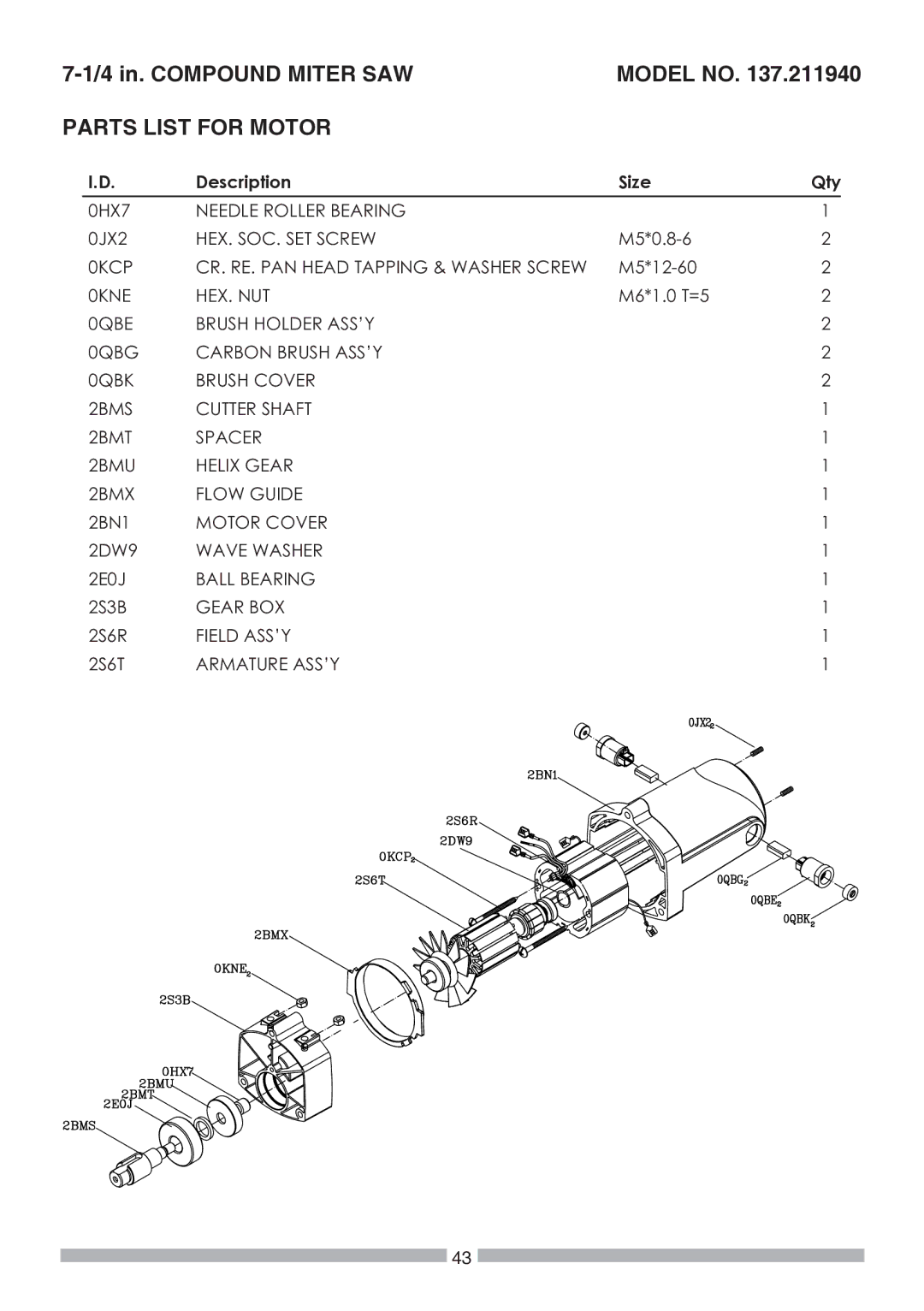 Craftsman 137.21194 operating instructions Parts List for Motor, Description Size Qty 