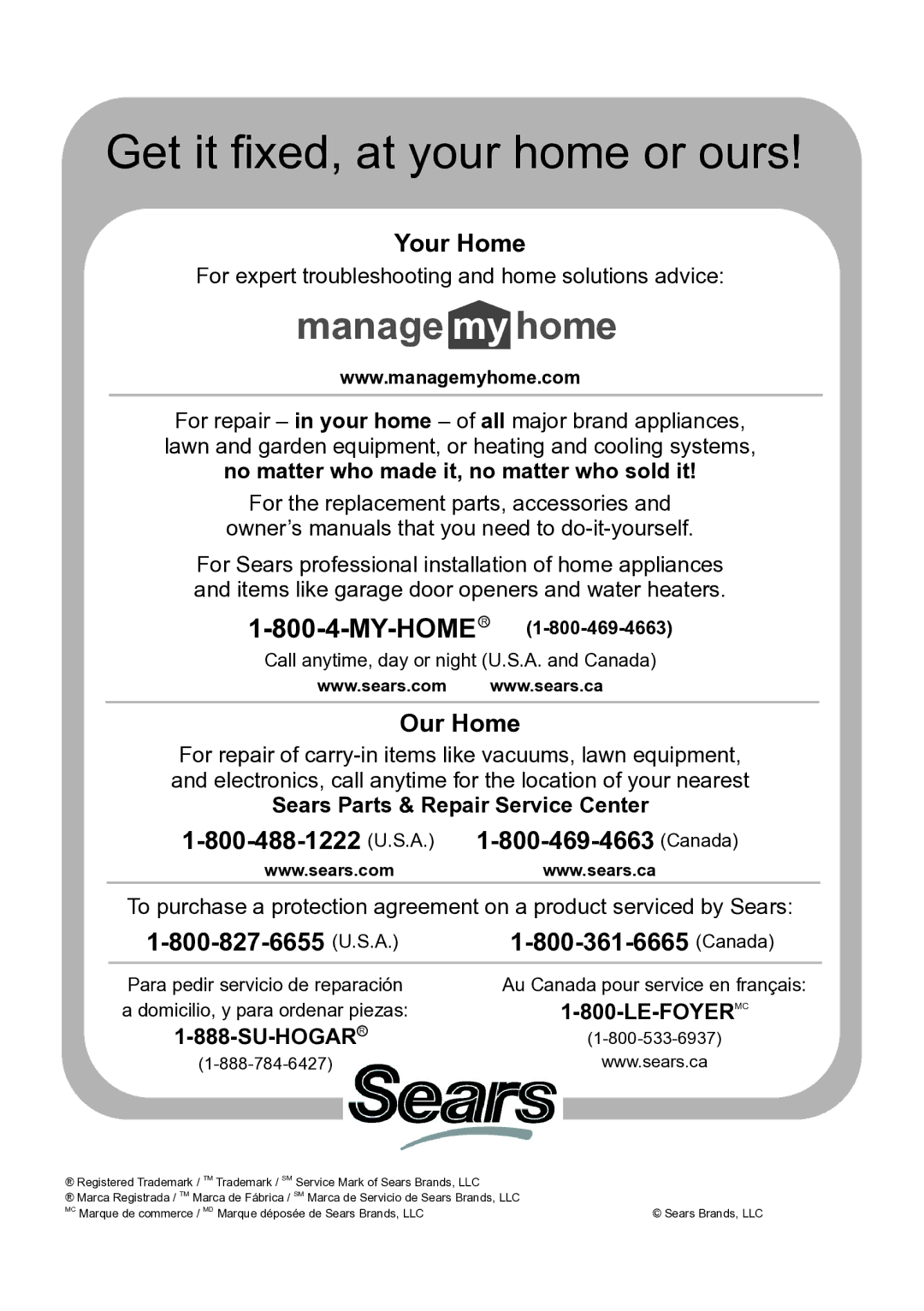 Craftsman 137.21194 operating instructions Sears Parts & Repair Service Center, Le-Foyer Mc, Su-Hogar R 