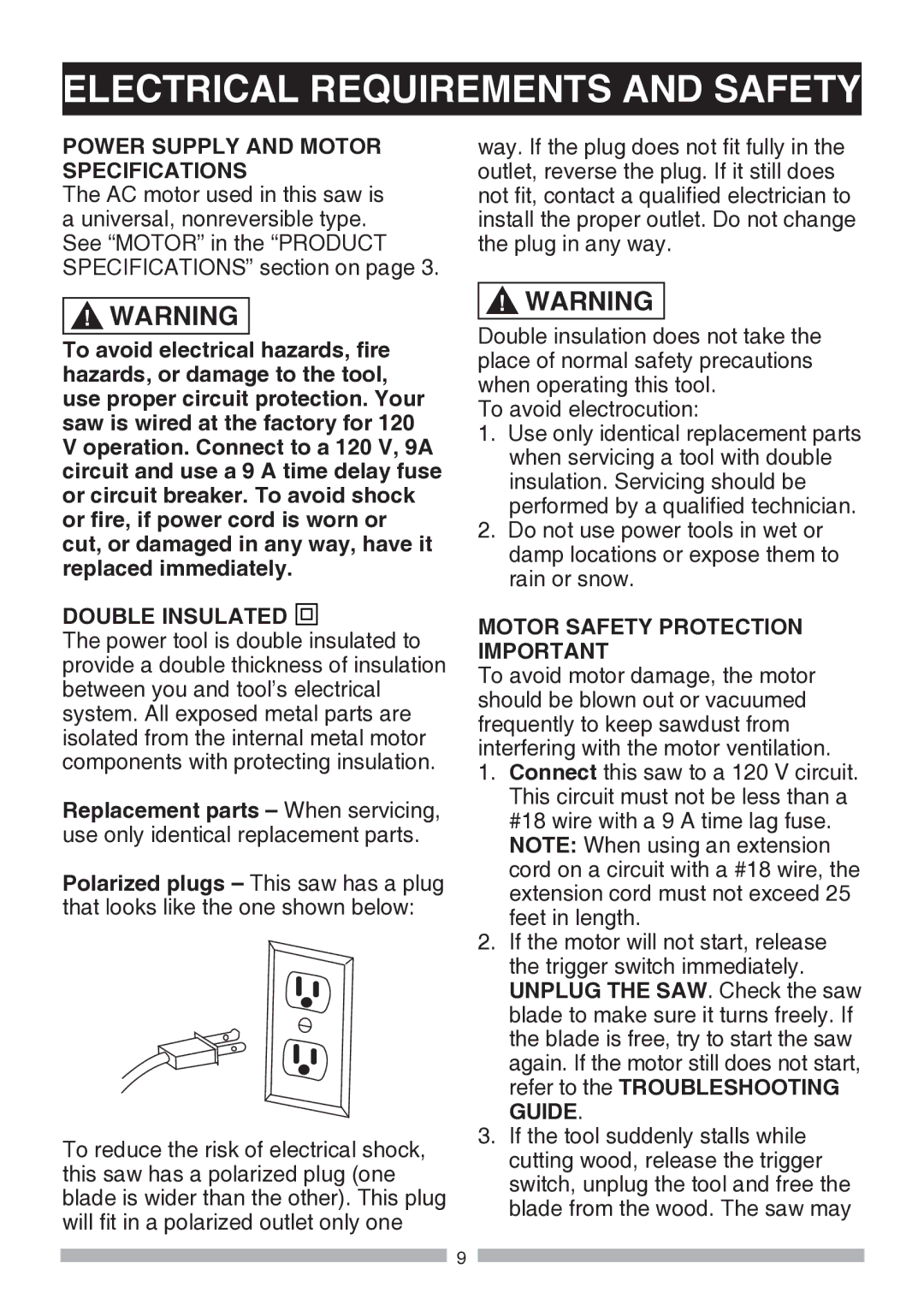 Craftsman 137.21194 Power Supply and Motor Specifications, Double Insulated, Motor Safety Protection Important 