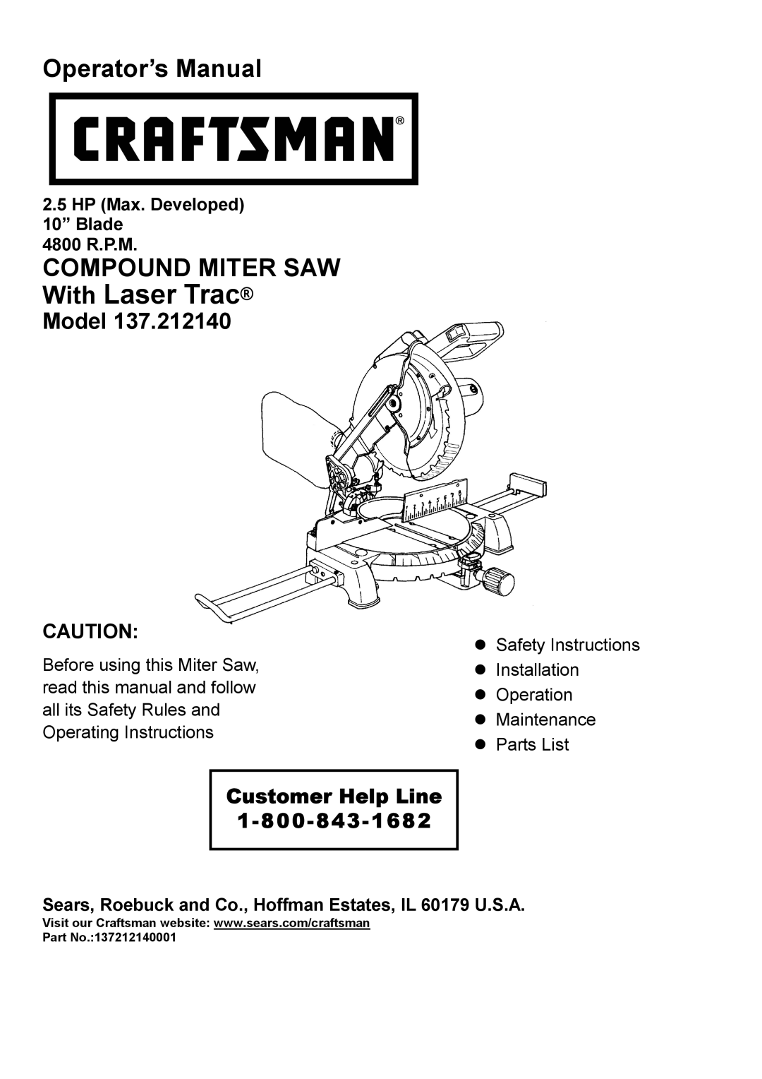 Craftsman 137.21214 operating instructions With Laser Trac, Part No.137212140001 