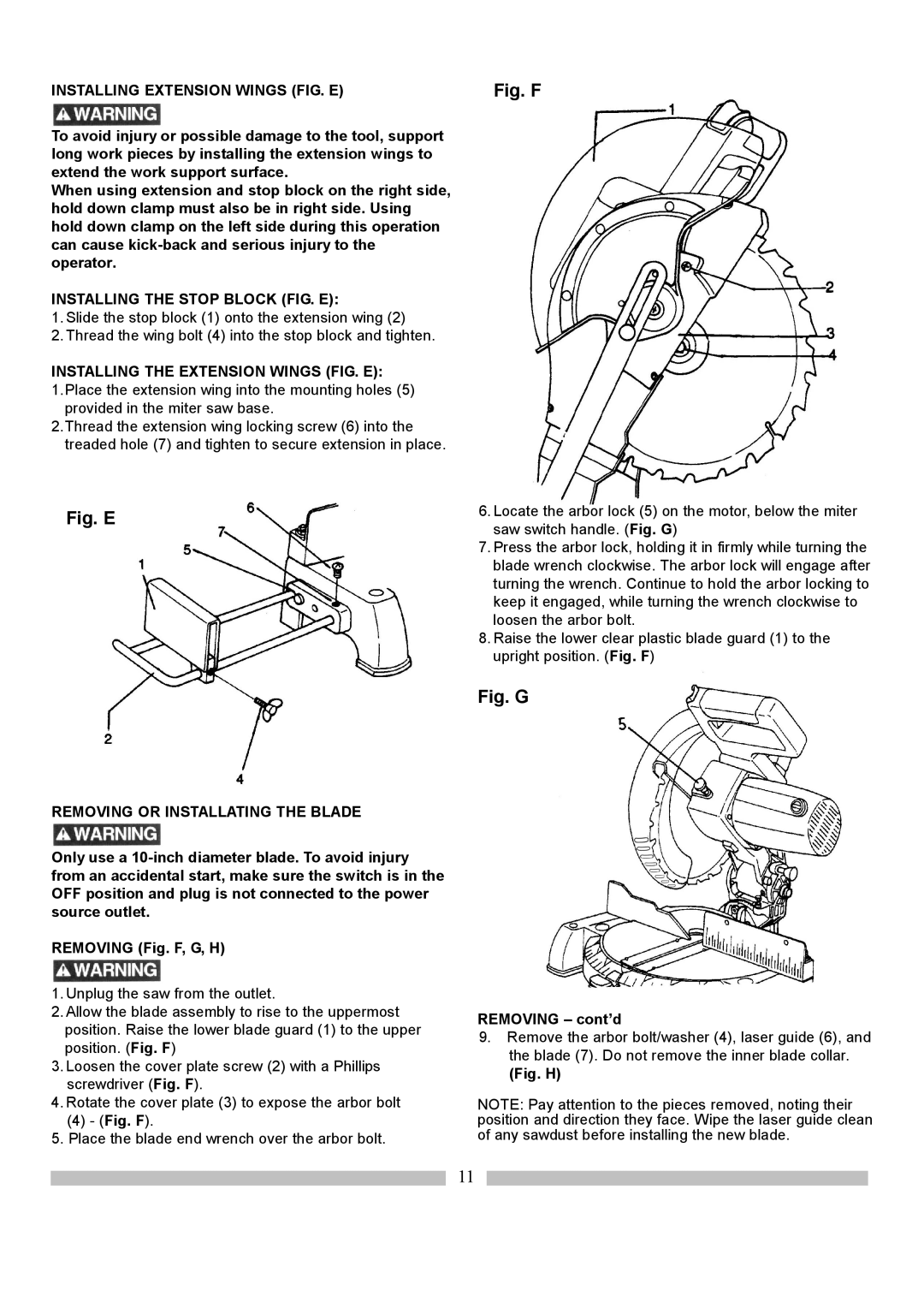 Craftsman 137.21214 Installing Extension Wings FIG. E, Installing the Stop Block FIG. E, Removing cont’d 