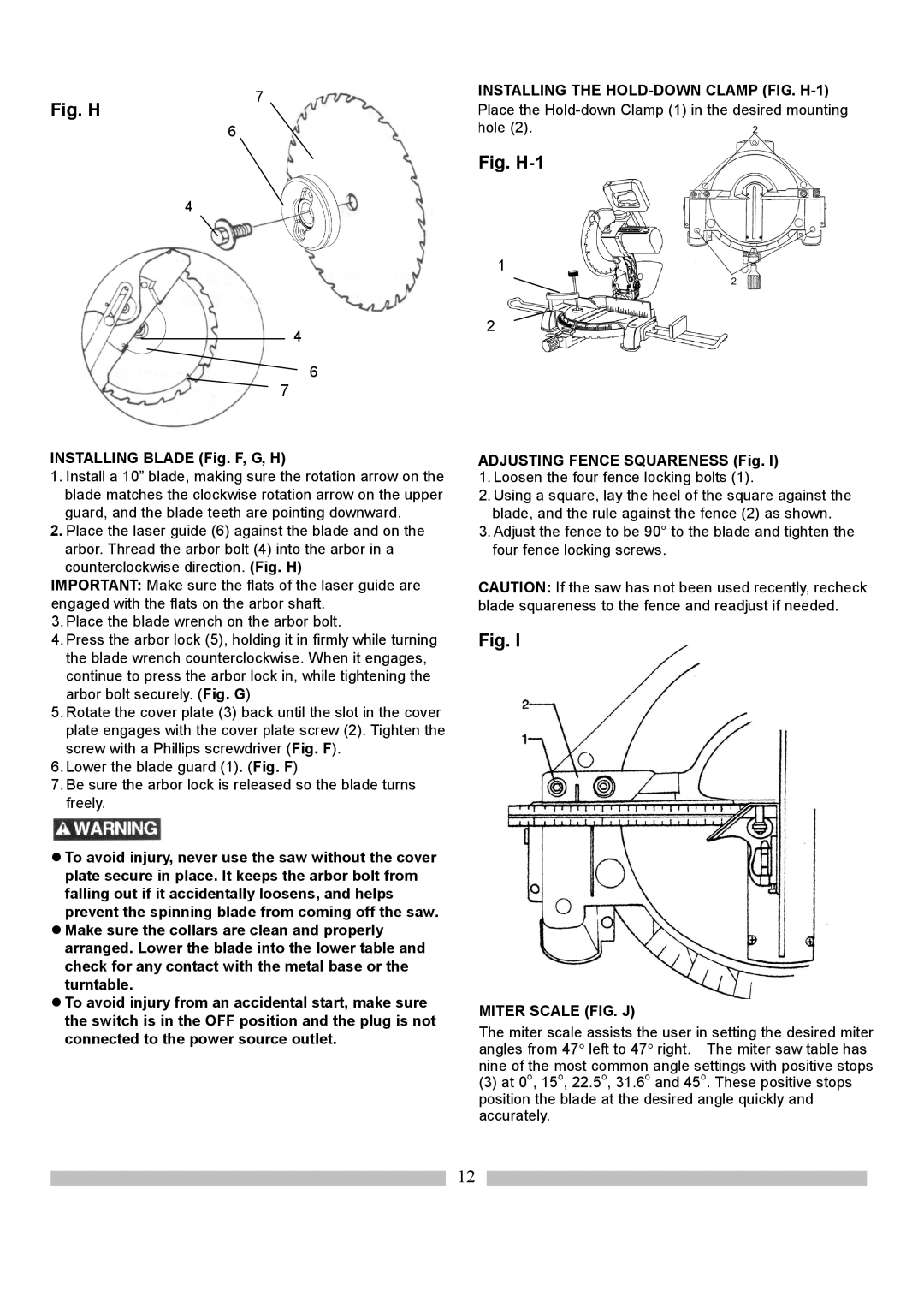 Craftsman 137.21214 Installing the HOLD-DOWN Clamp FIG. H-1, Installing Blade Fig. F, G, H, Miter Scale FIG. J 