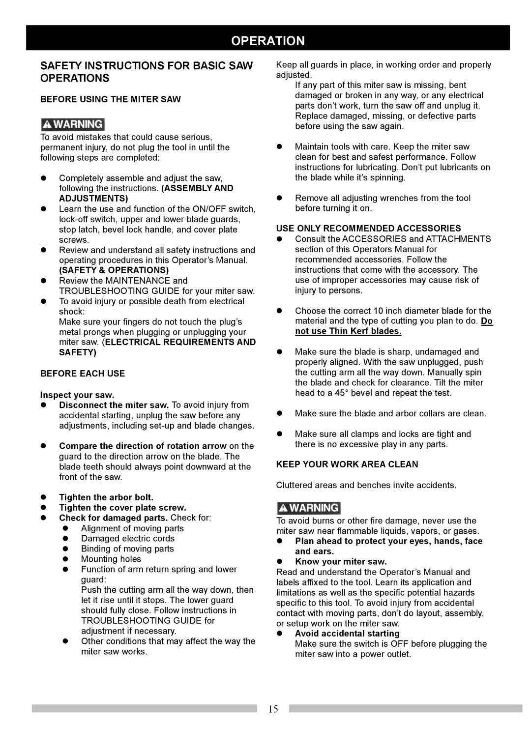 Craftsman 137.21214 operating instructions Safety Instructions for Basic SAW Operations 