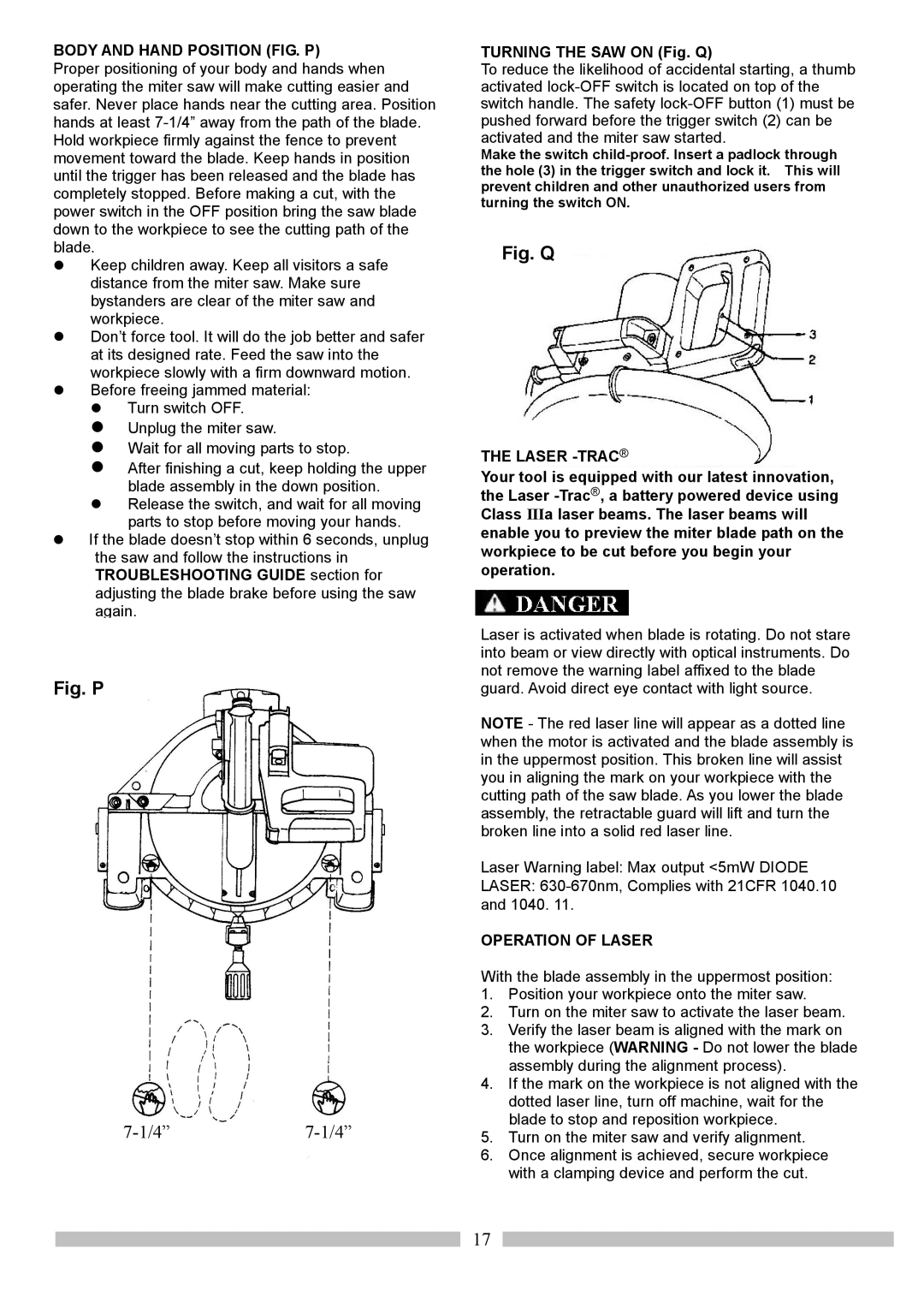 Craftsman 137.21214 Body and Hand Position FIG. P, Turning the SAW on Fig. Q, Laser -TRAC, Operation of Laser 