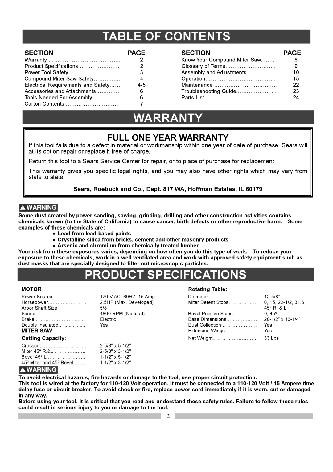 Craftsman 137.21214 operating instructions Table of Contents 