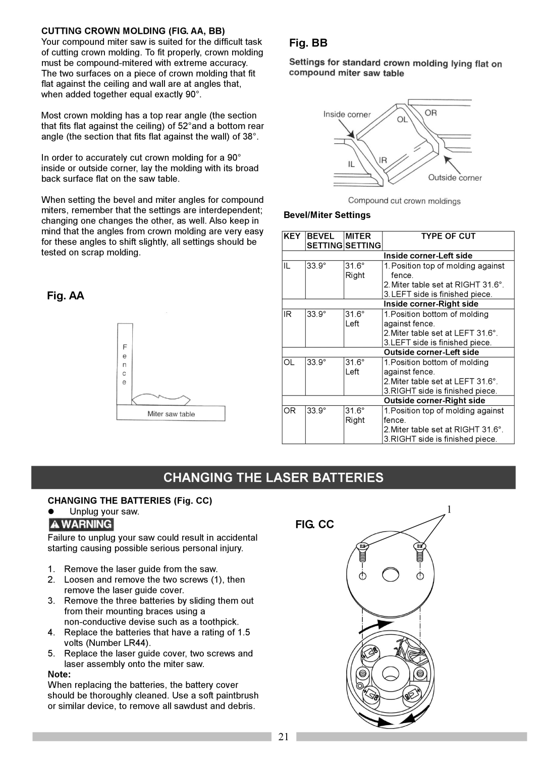 Craftsman 137.21214 Changing the Laser Batteries, Cutting Crown Molding FIG. AA, BB, Bevel/Miter Settings 