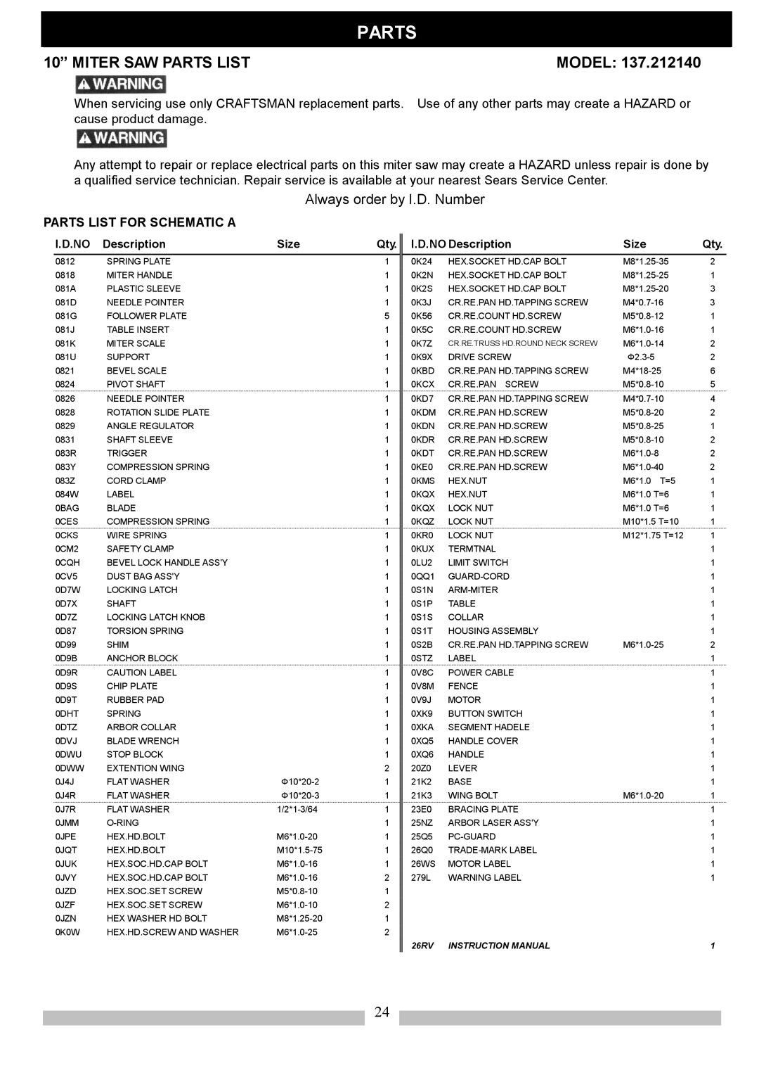 Craftsman 137.21214 operating instructions Miter SAW Parts List, Parts List for Schematic a 