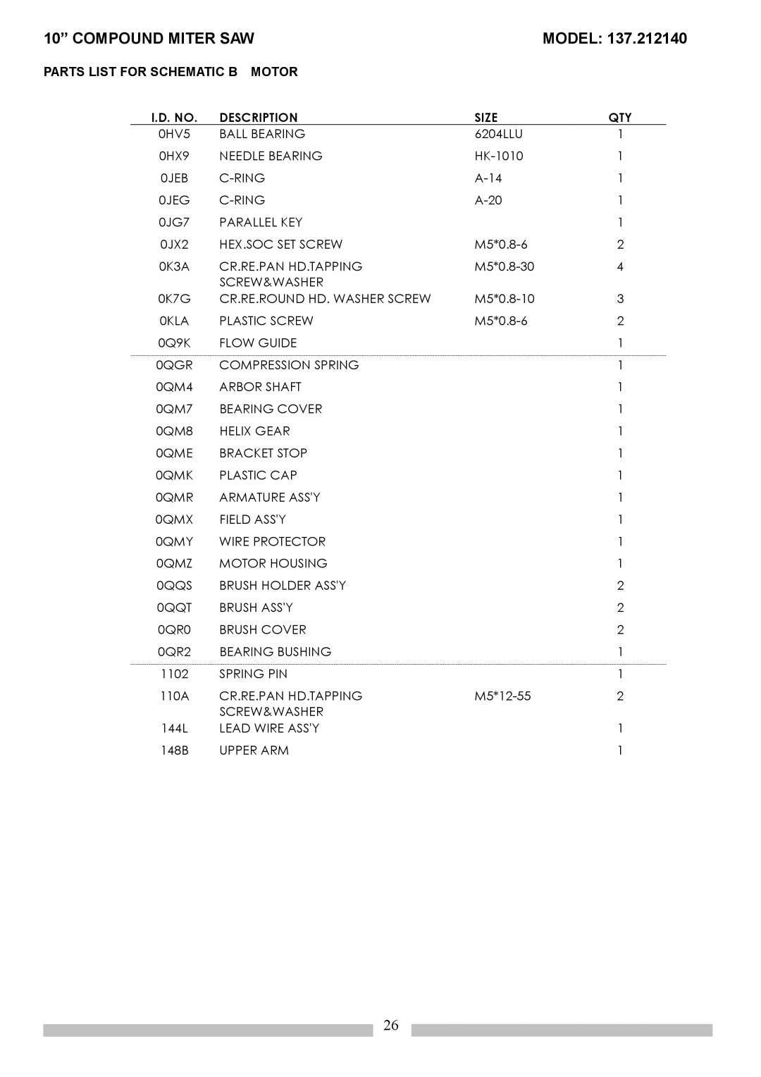 Craftsman 137.21214 operating instructions Parts List for Schematic B Motor, Description Size QTY 