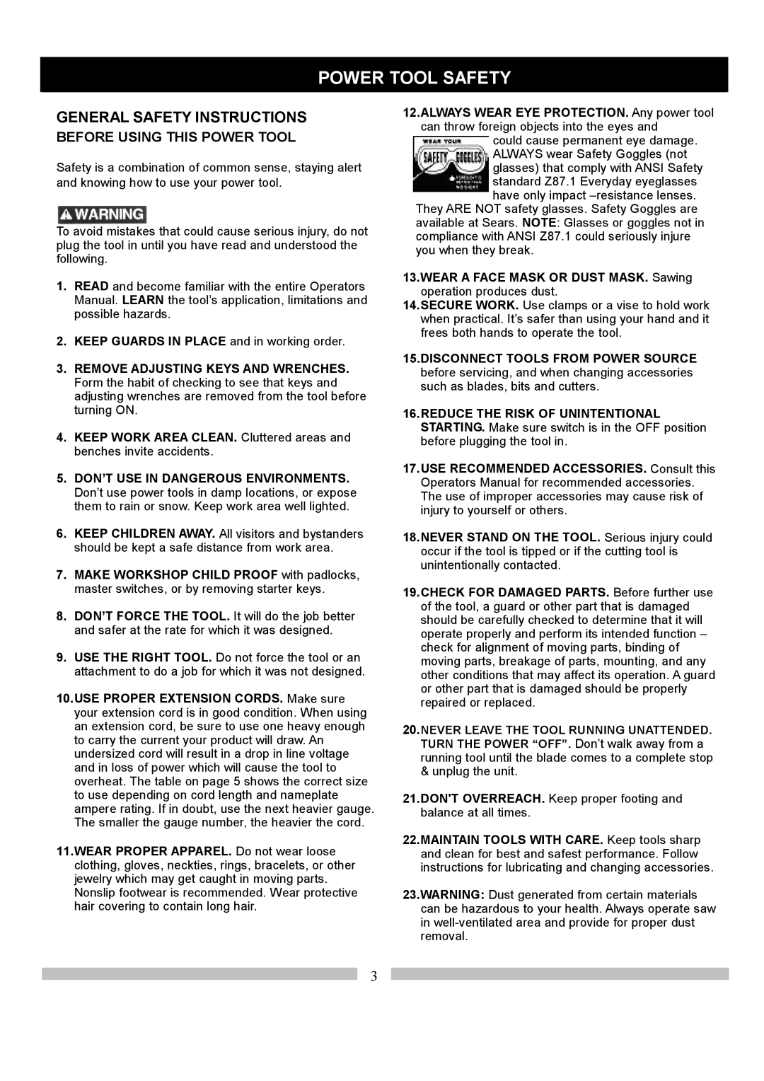 Craftsman 137.21214 operating instructions Power Tool Safety, General Safety Instructions 