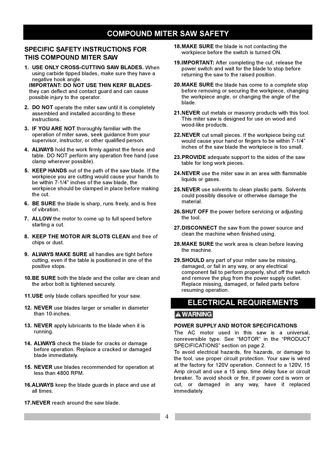 Craftsman 137.21214 Compound Miter SAW Safety, Electrical Requirements, Important do not USE Thin Kerf Blades 