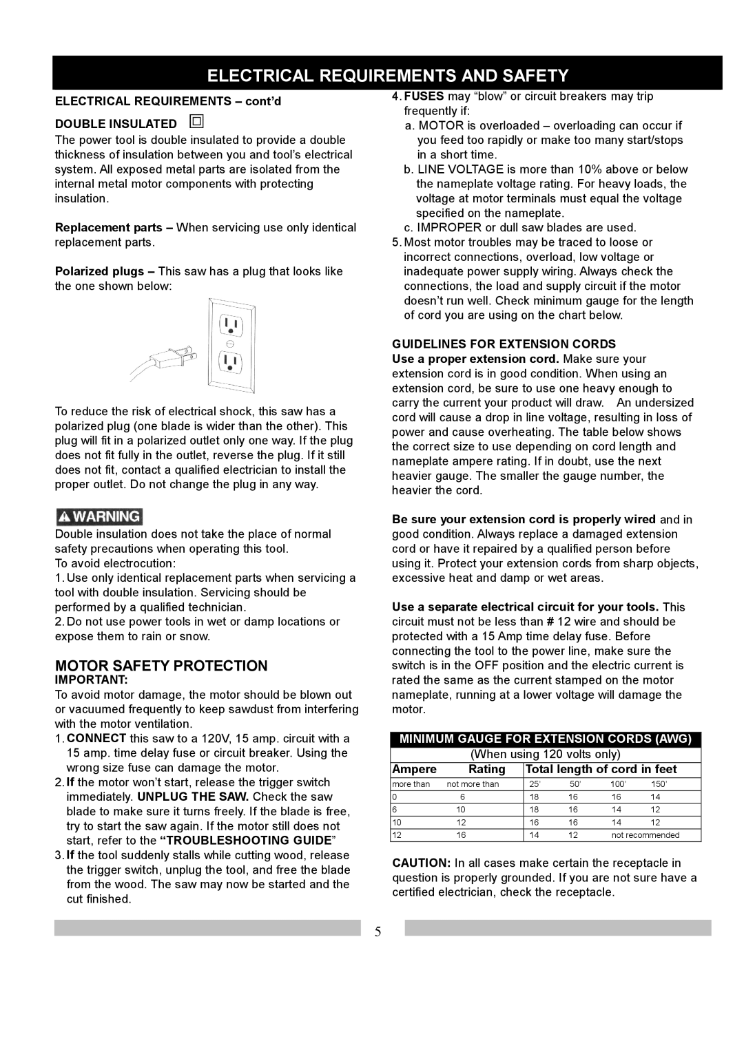 Craftsman 137.21214 operating instructions Electrical Requirements and Safety, Motor Safety Protection, Double Insulated 