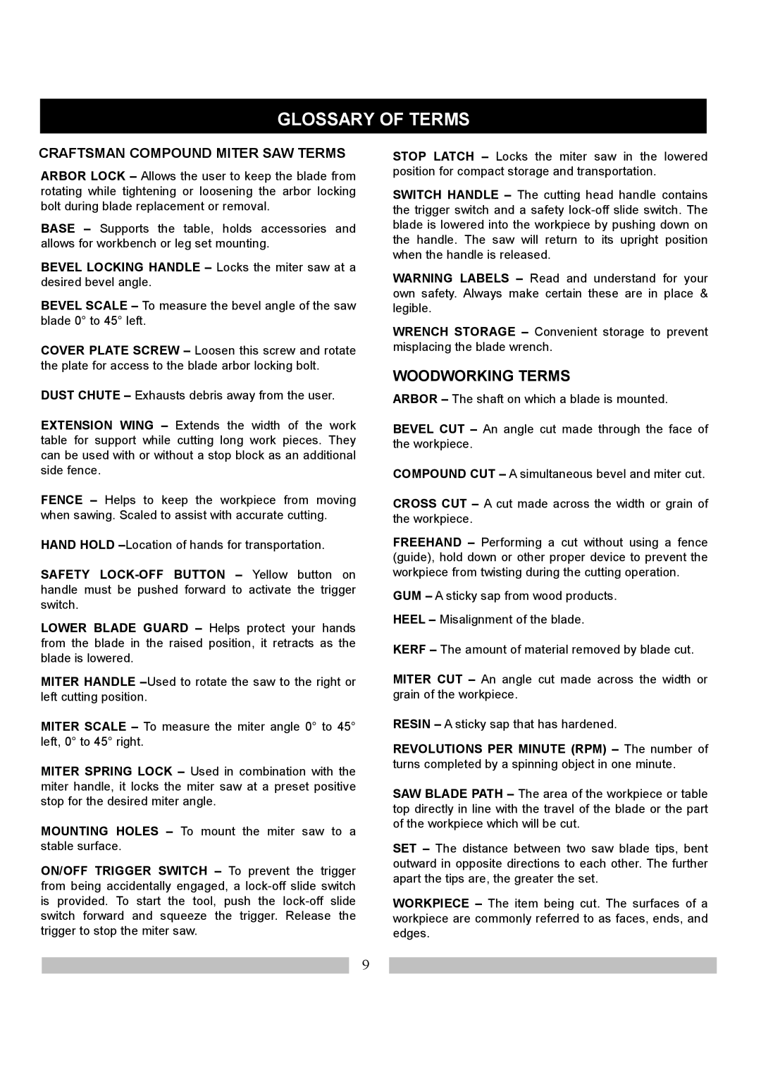 Craftsman 137.21214 operating instructions Glossary of Terms, Woodworking Terms 