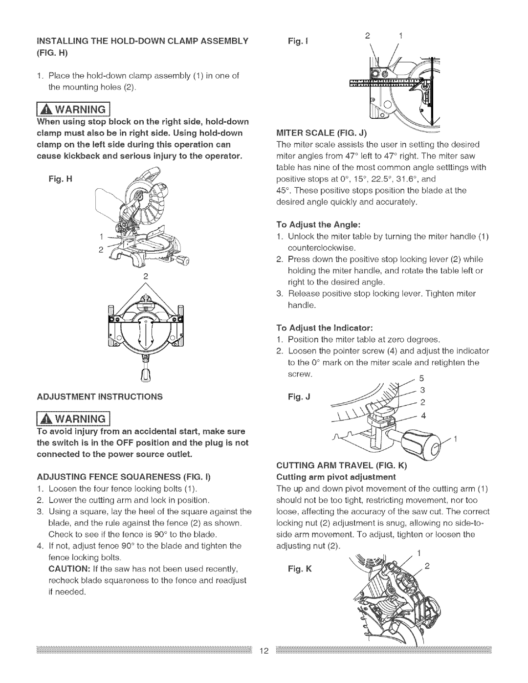 Craftsman 137.21229 operating instructions IA WARN,NGn, WARNNGn, 1Placethehold=downclampassembly1in one, Miter Scale FIG. J 