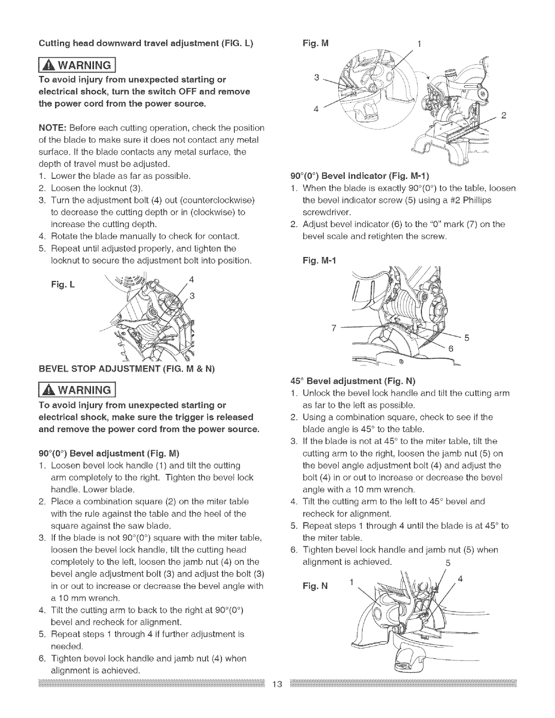 Craftsman 137.21229 operating instructions IA Warning, Bevel Stop Adjustment FIG. M & N 