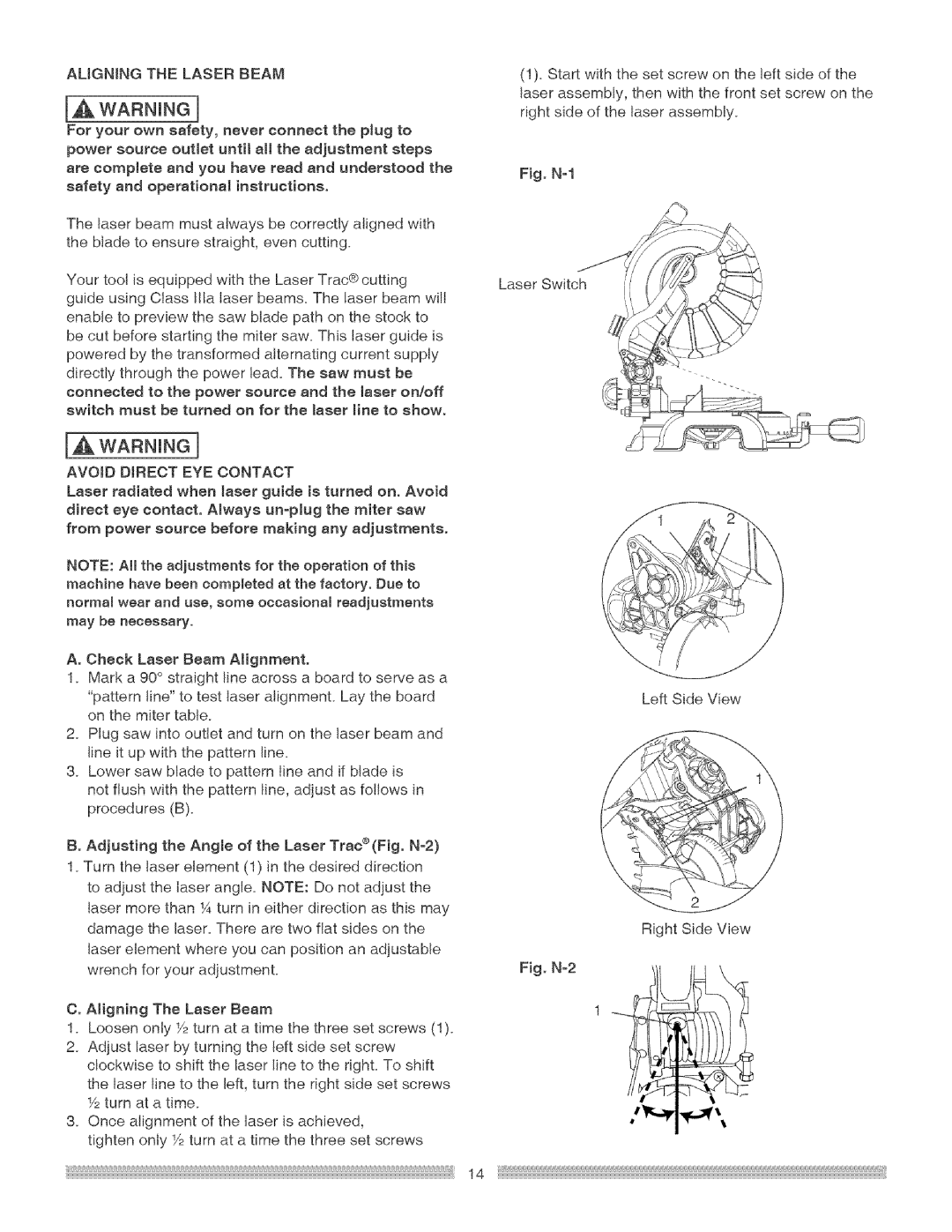 Craftsman 137.21229 operating instructions WARN NeI, ALiGNiNGTHELASER Beam, Avoid Direct EYE Contact 