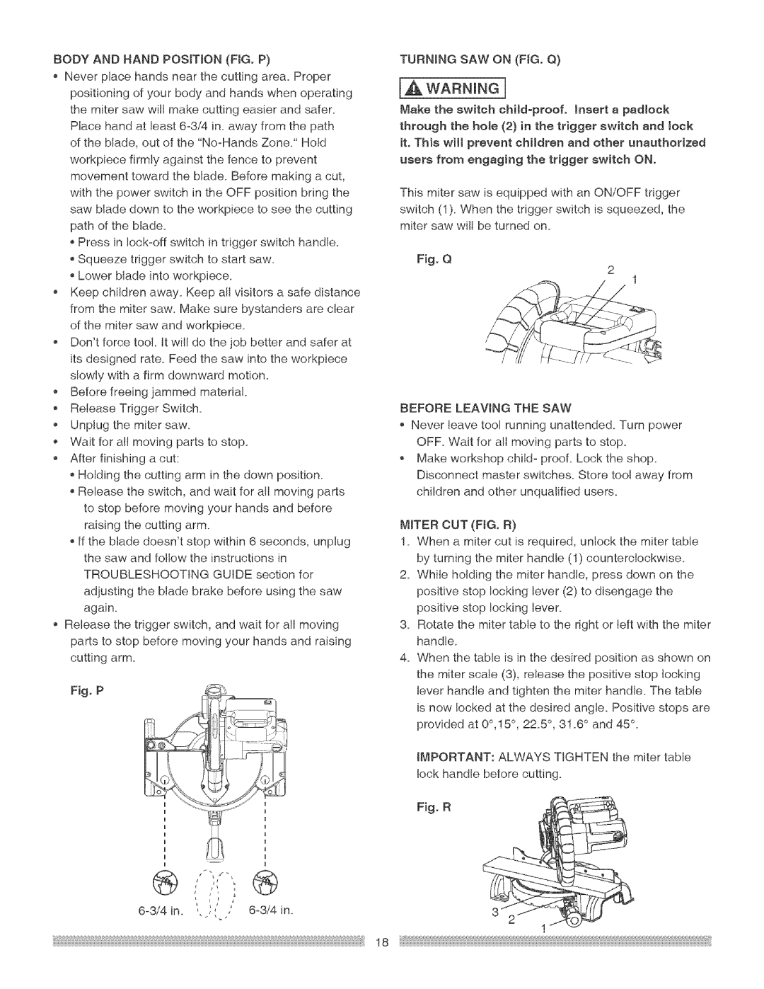 Craftsman 137.21229 WARNINe, Bodyandbandpositionfig.P, Turning SAW on FIG. Q, Before Leawng the SAW, Miter CUT FIG. R 