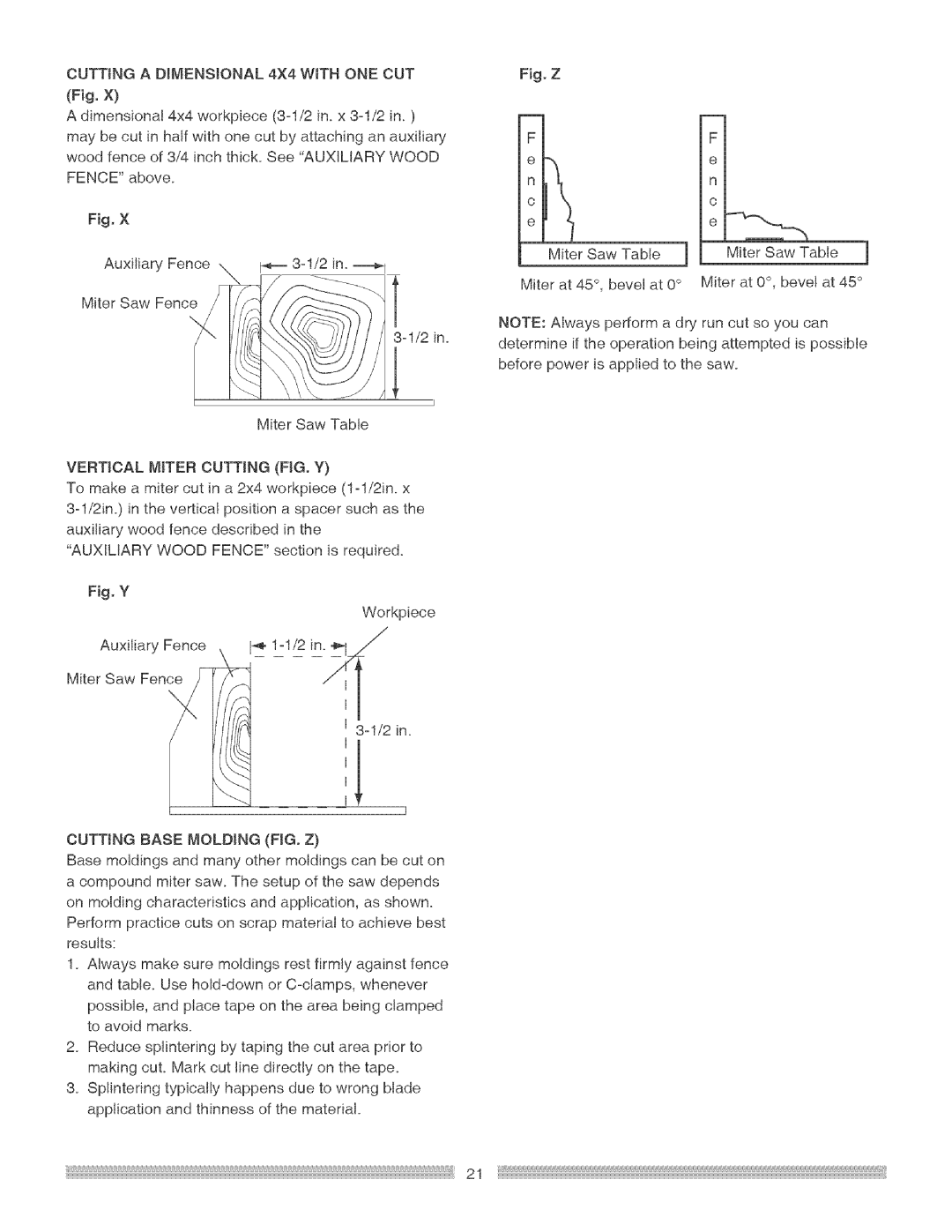 Craftsman 137.21229 Cuttinga BIJENSIONAL4X4WITHONECUT Fig.X, Vertical Miter Cutting FIG. Y, Cutting Base Molding FIG. Z 