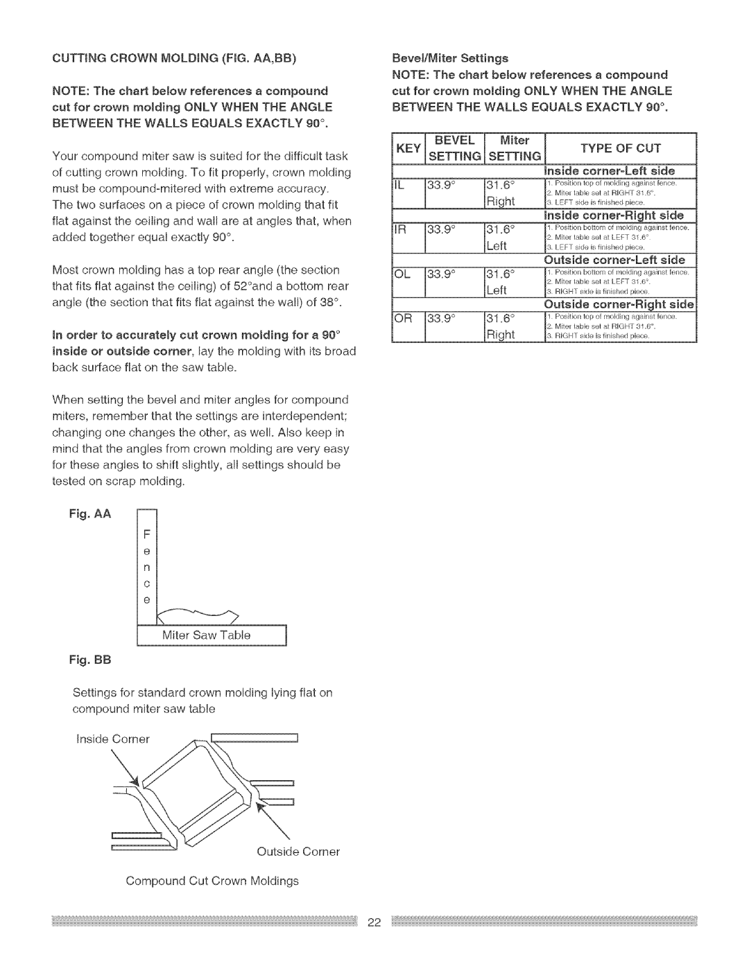 Craftsman 137.21229 operating instructions Cuttingcrownmoldingfig. Aa,Bb, Type of CUT 