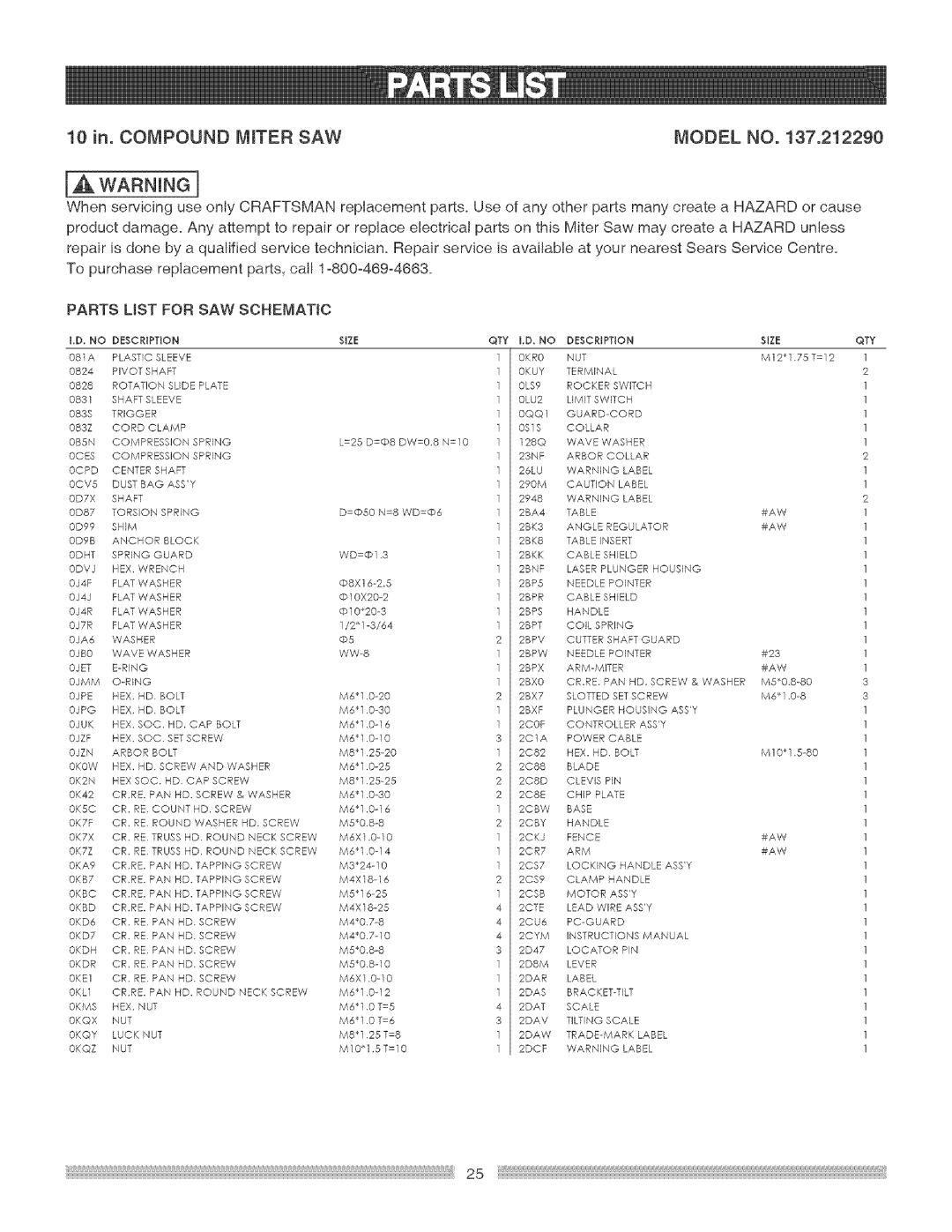 Craftsman 137.21229 operating instructions IA WARIGn, 10 in. Compound Miter SAW Model no, Parts List for SAW Schematic 