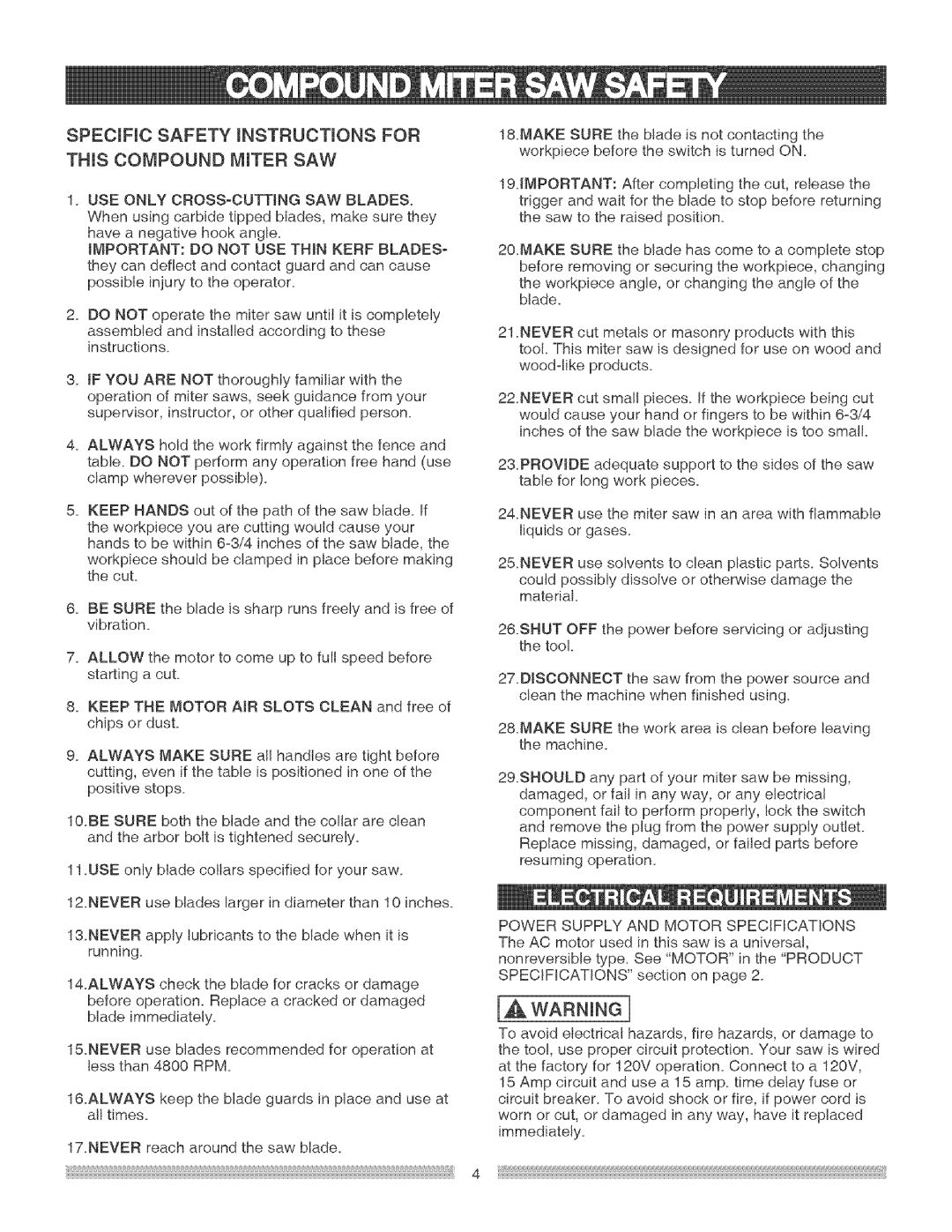 Craftsman 137.21229 operating instructions SPECiFiC Safety mNSTRUCTmONS for THiS Compound Minter SAW 