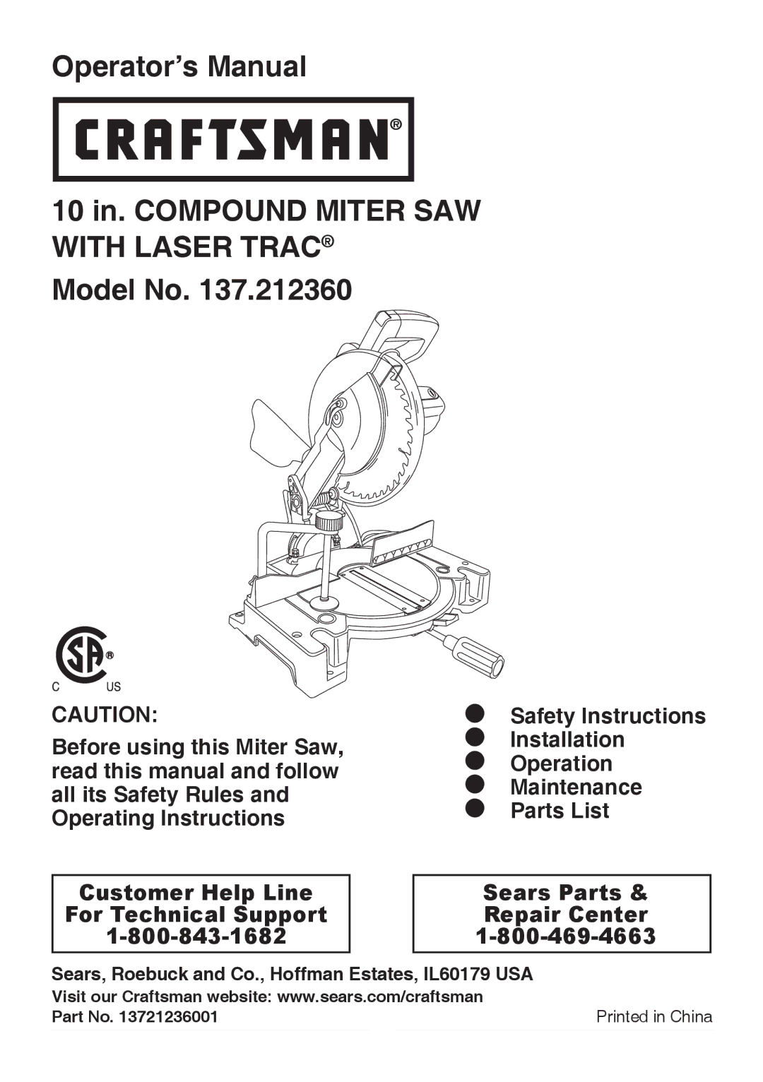 Craftsman 137.21236 operating instructions Sears, Roebuck and Co., Hoffman Estates, IL60179 USA 