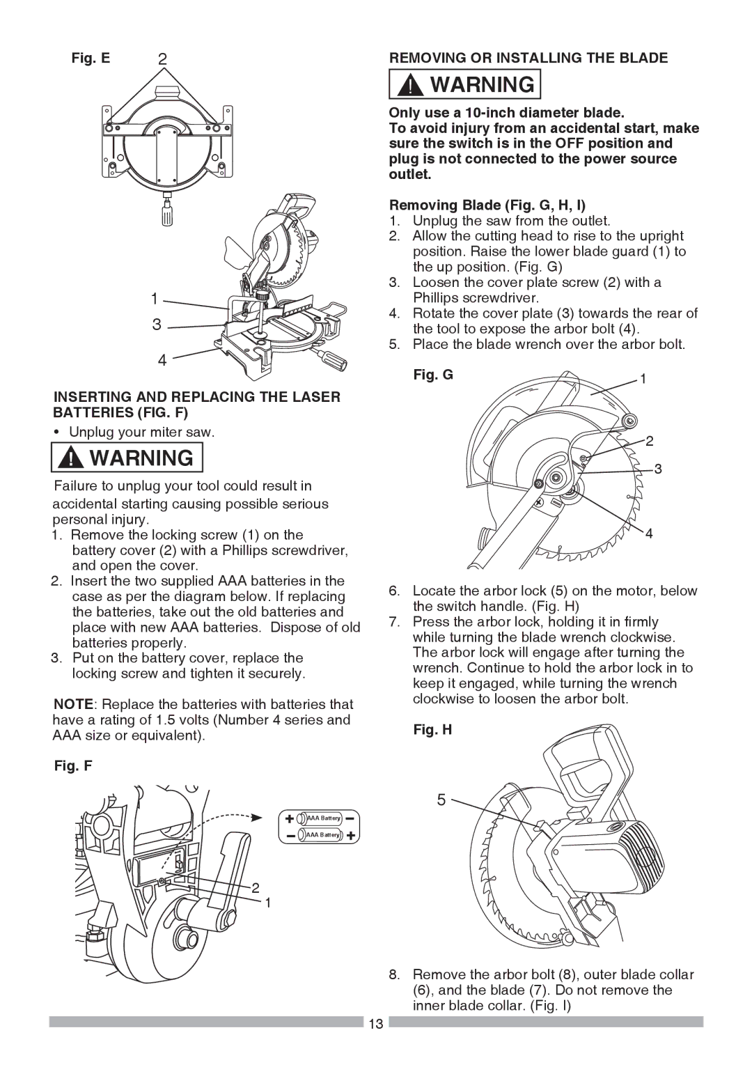 Craftsman 137.21236 Inserting and Replacing the Laser Batteries FIG. F, Removing or Installing the Blade 