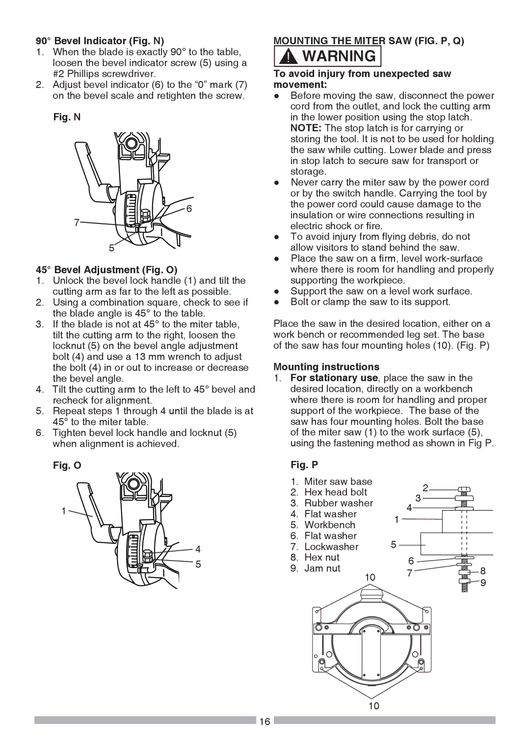 Craftsman 137.21236 Bevel Indicator Fig. N, Mounting the Miter SAW FIG. P, Q, To avoid injury from unexpected saw movement 