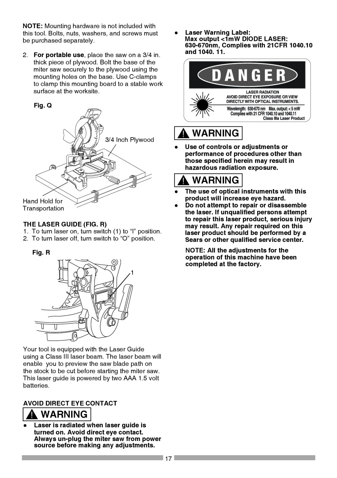 Craftsman 137.21236 operating instructions Laser Guide FIG. R, Avoid Direct EYE Contact 