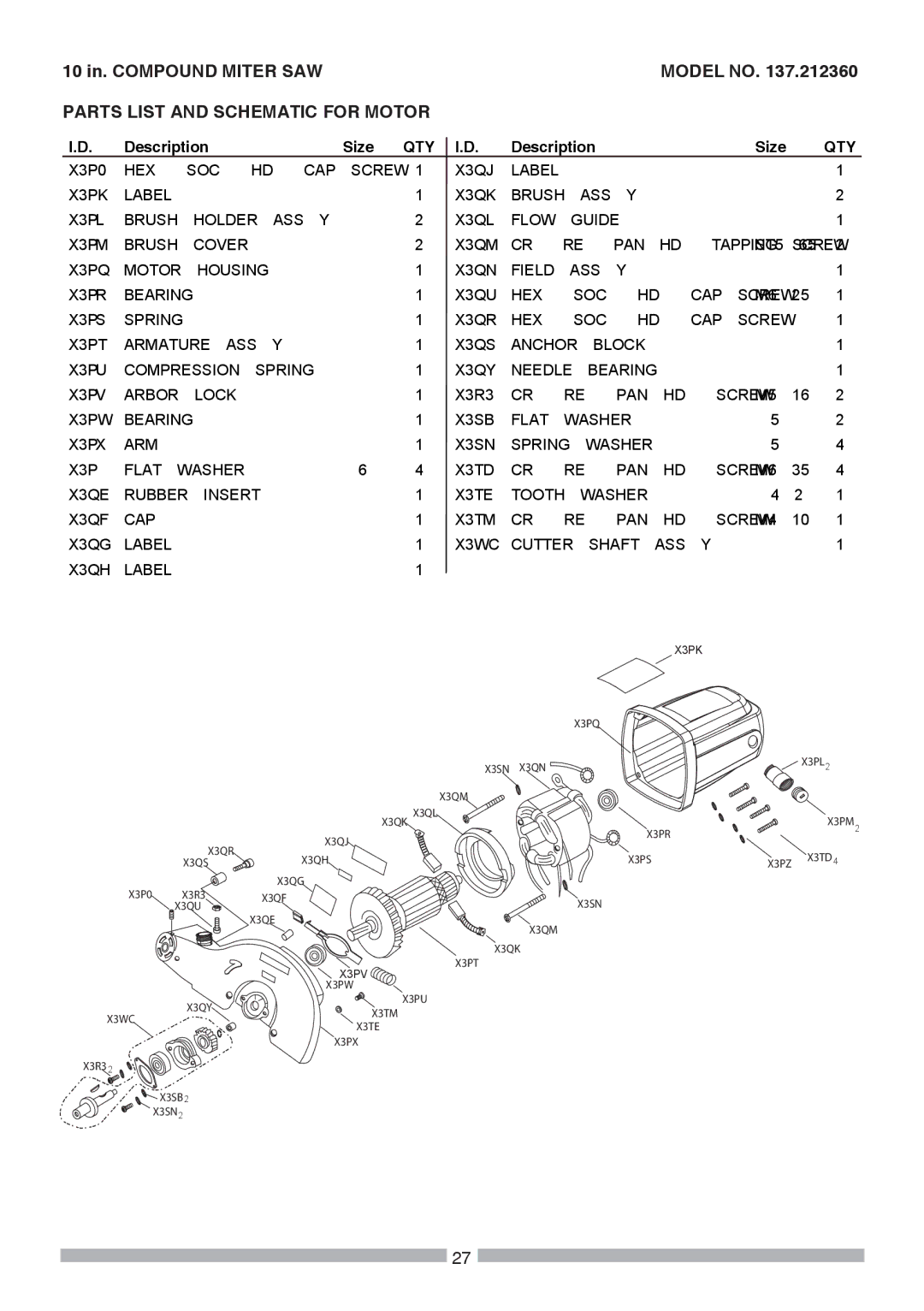 Craftsman 137.21236 operating instructions Parts List and Schematic for Motor 