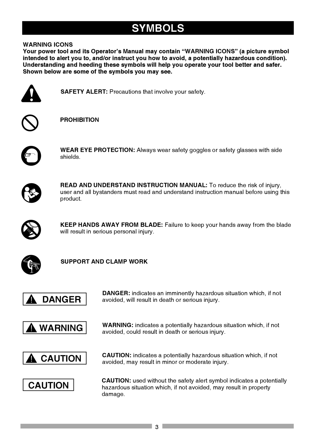 Craftsman 137.21236 Symbols, Shown below are some of the symbols you may see, Prohibition, Support and Clamp Work 