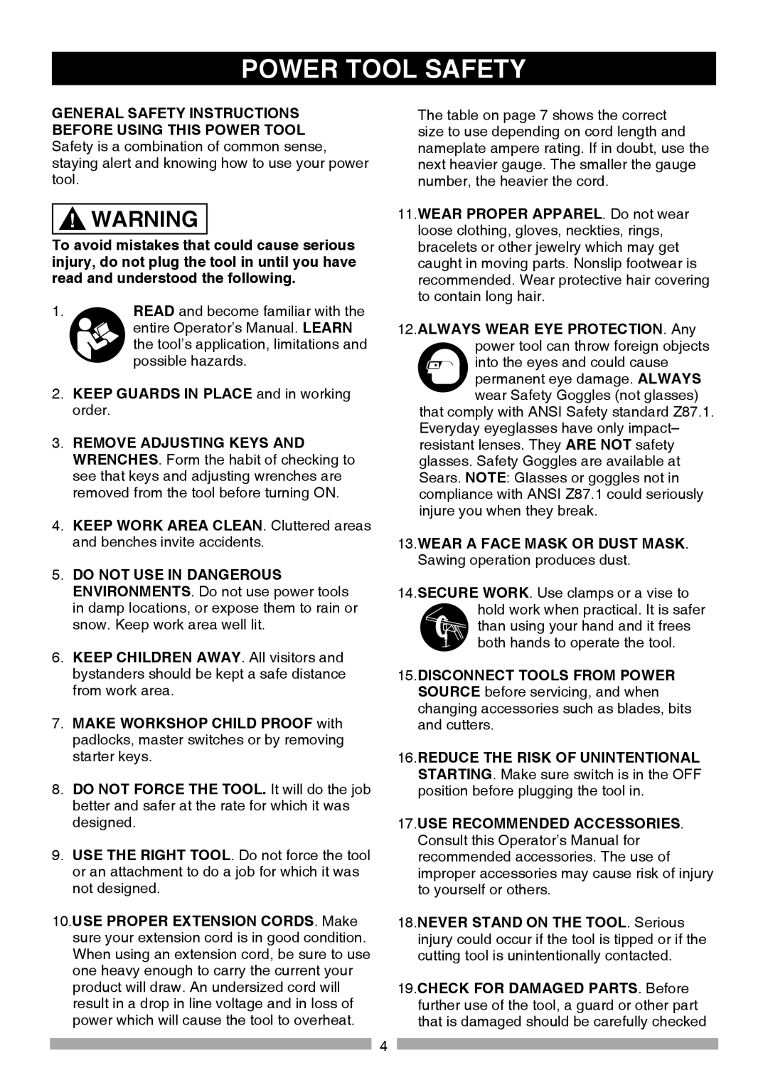 Craftsman 137.21236 operating instructions Power Tool Safety 