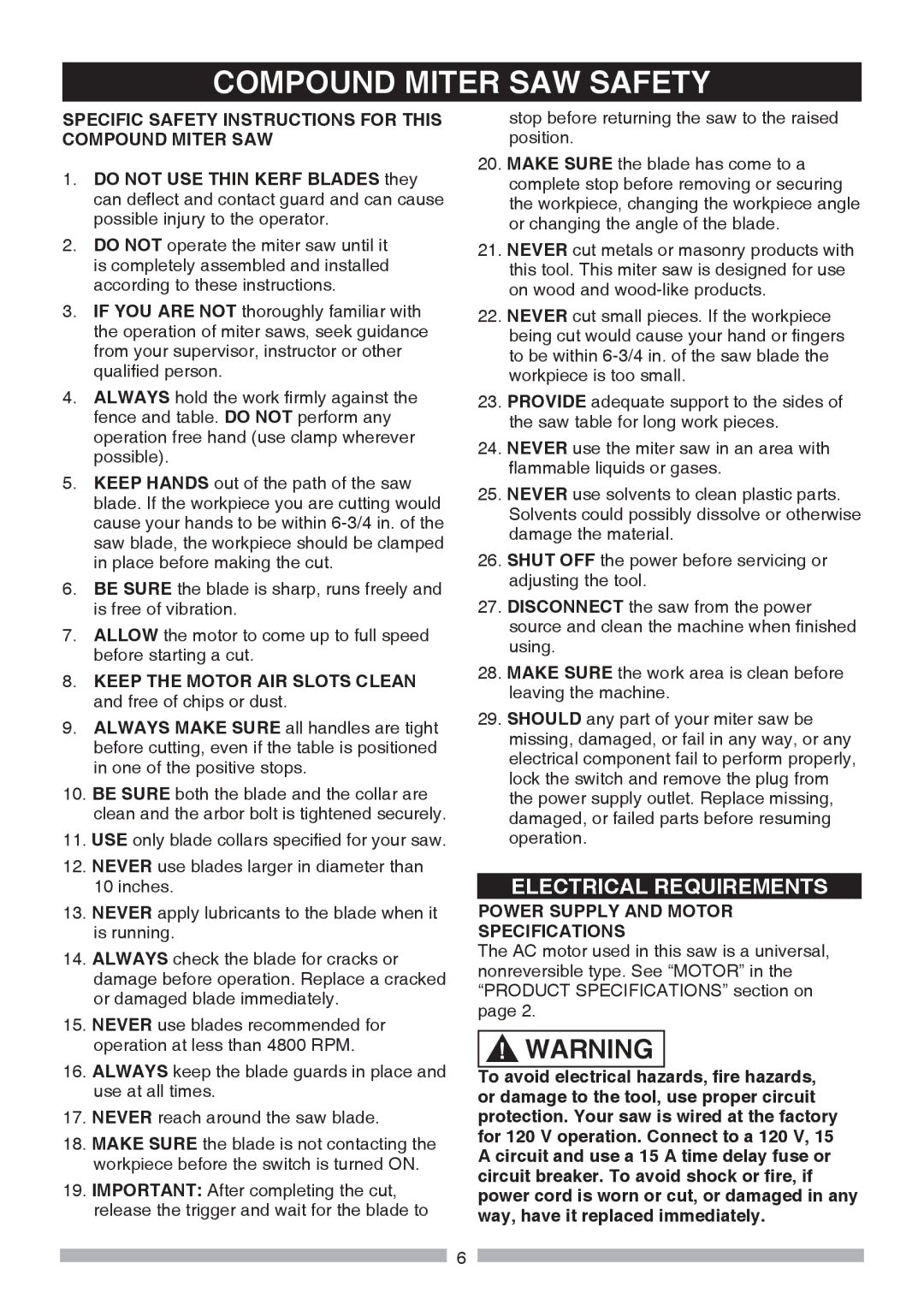 Craftsman 137.21236 Compound Miter SAW Safety, Specific Safety Instructions for this Compound Miter SAW 