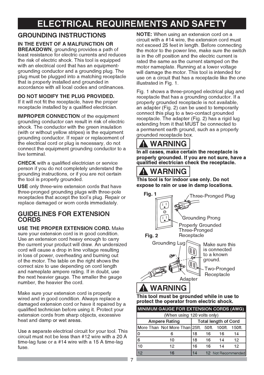 Craftsman 137.21236 operating instructions Electrical Requirements and Safety, Grounding Instructions 