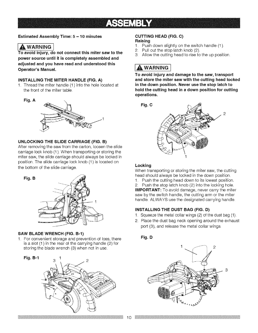 Craftsman 137.21237 Estimated Assembly Time 5 10 minutes, Unlocking the Slide Carriage FIG. B, Raising, Locking 