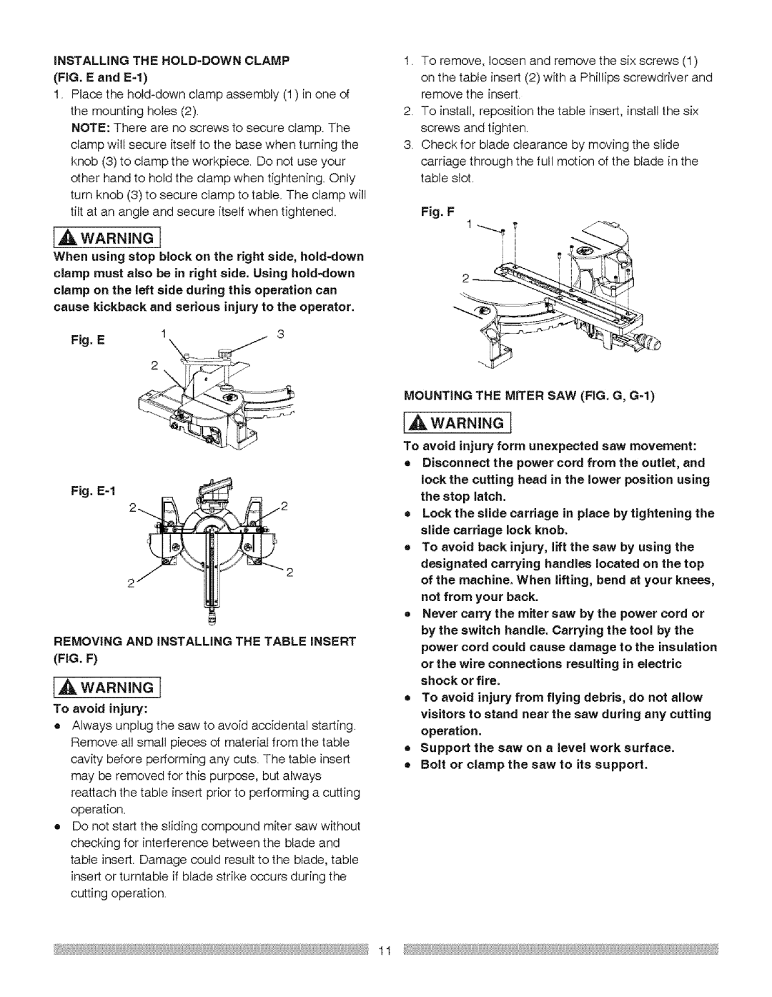 Craftsman 137.21237 WARNINe, IAWARNmNG, INSTALLiNG the HOLD-DOWN Clamp, Mounting the Miter SAW FIG. G, G=I 