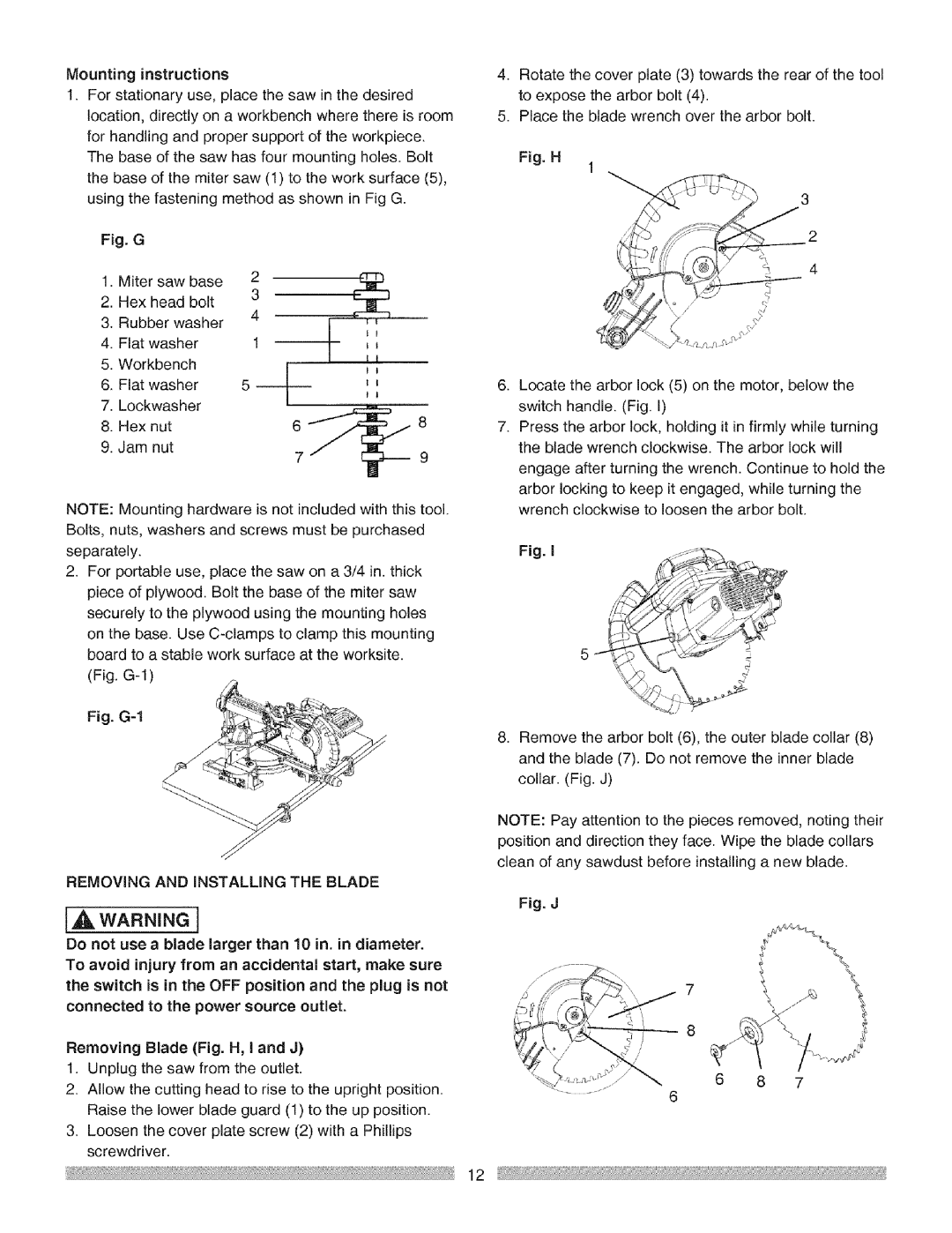 Craftsman 137.21237 operating instructions Mountinginstructions, Removing and Installing the Blade 