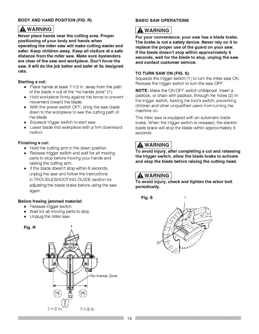 Craftsman 137.21237 IAWARNmNO, Body and Hand Position FIG. R, Before freeing jammed material 6 Release trigger switch 