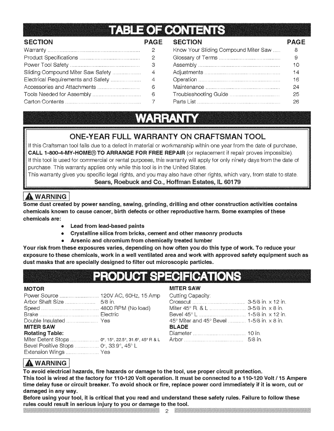 Craftsman 137.21237 operating instructions Ection PAG E Section, Motor Miter SAW, Blade, Rotating Table 