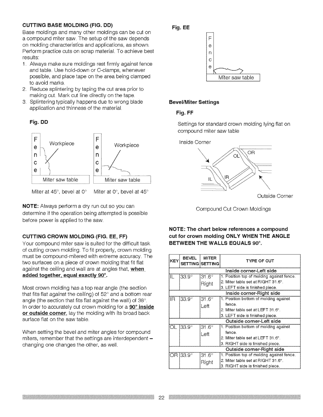 Craftsman 137.21237 Cuttingbasemolding FIG. DD, Bevel/Miter Settings, Cutting Crown Molding FIG. EE, FF 