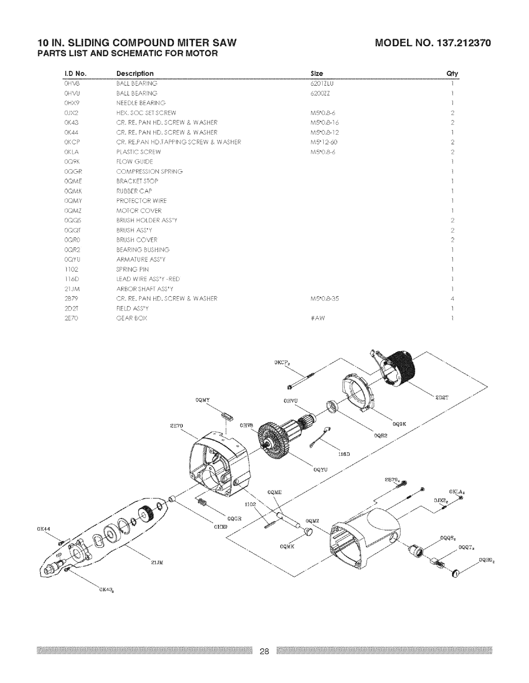 Craftsman 137.21237 operating instructions SAW Model, Parts List and Schematic for Motor 