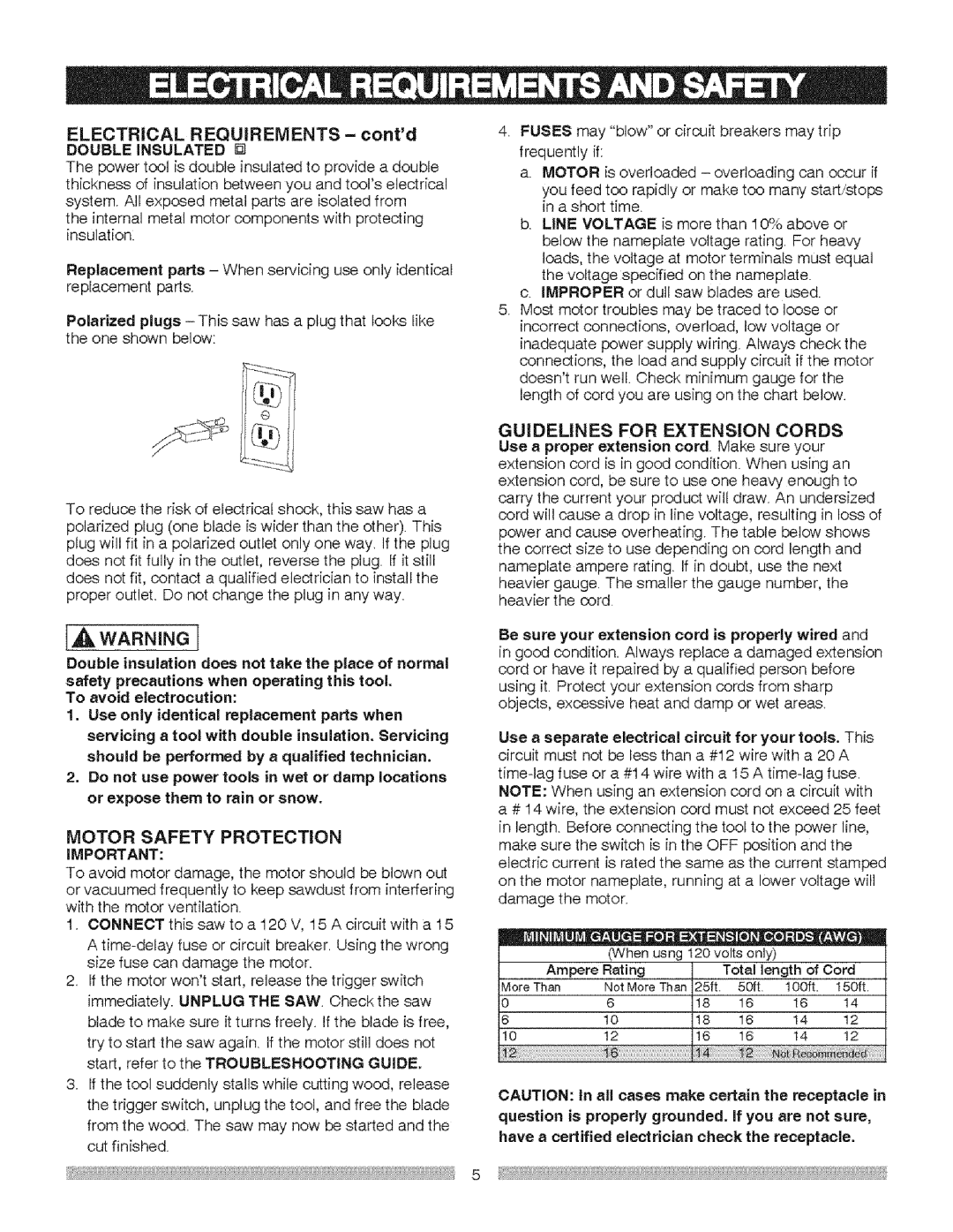 Craftsman 137.21237 operating instructions Motor Safety Protection, Double Insulated 