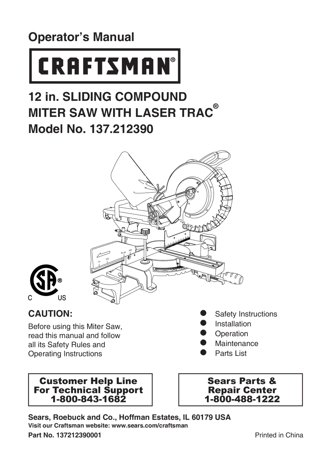 Craftsman 137.21239 operating instructions Sears, Roebuck and Co., Hoffman Estates, lL 60179 USA 