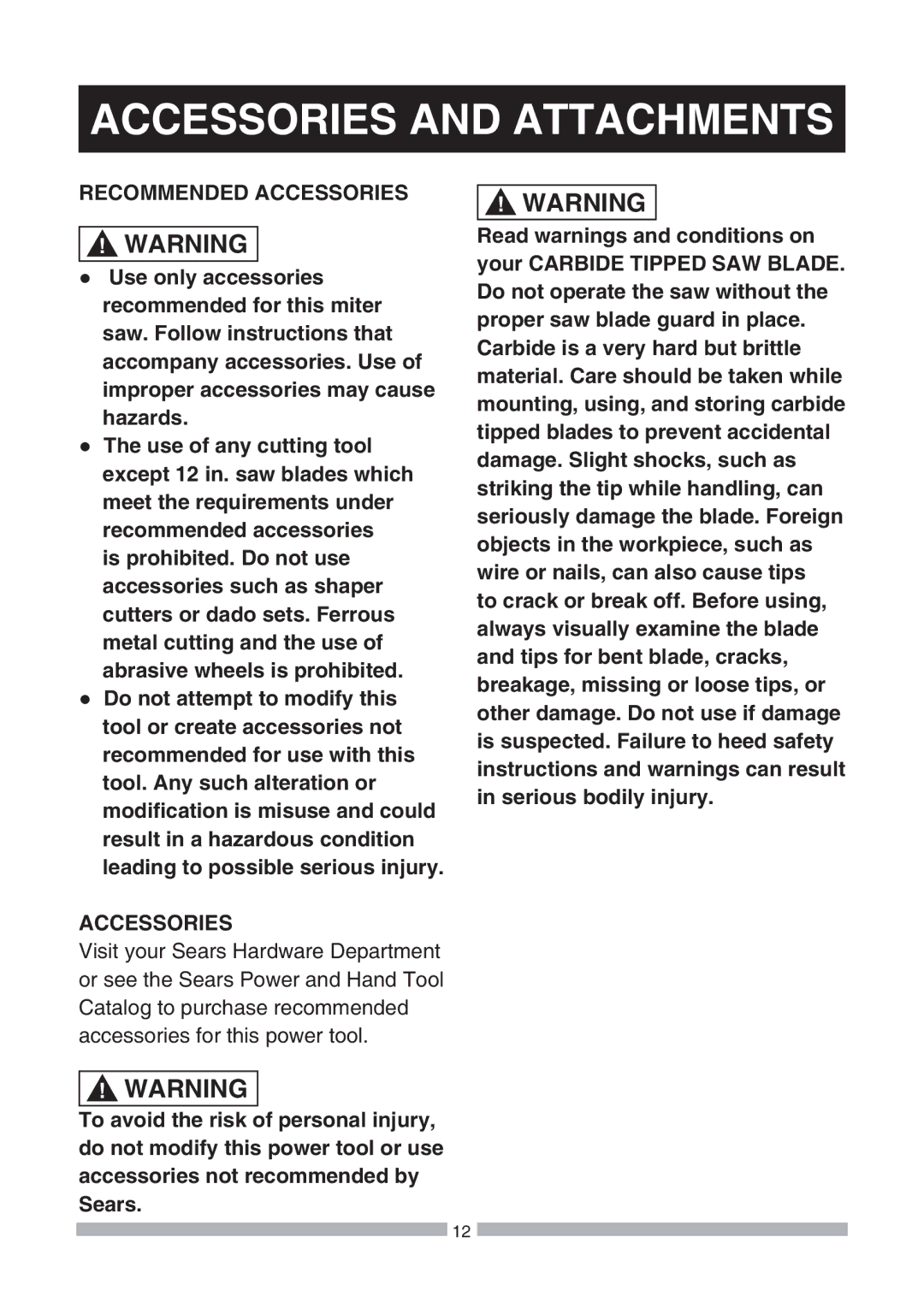 Craftsman 137.21239 operating instructions Accessories and Attachments, Recommended Accessories 