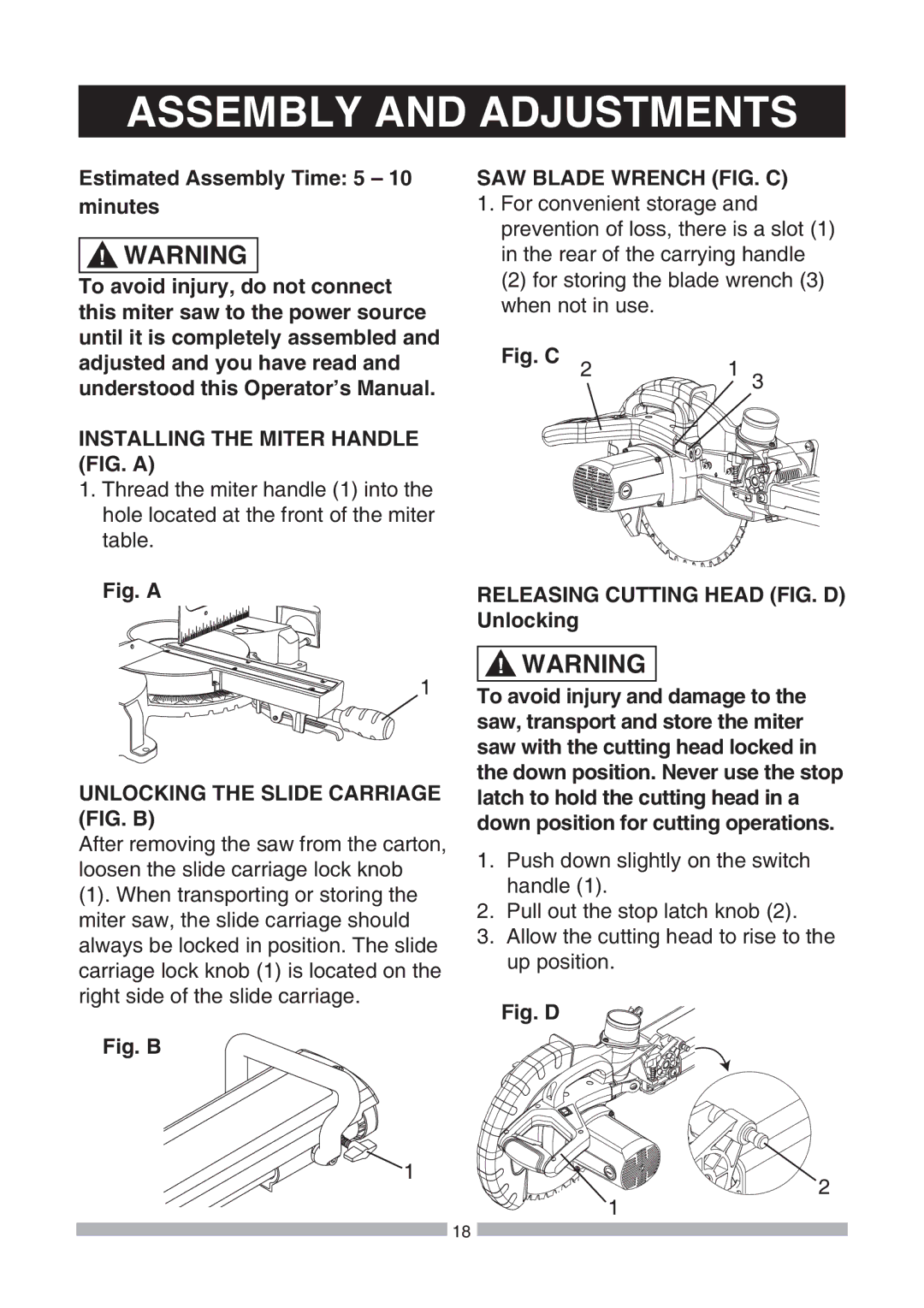 Craftsman 137.21239 Assembly and Adjustments, Estimated Assembly Time 5 10 minutes, Installing the Miter Handle FIG. a 